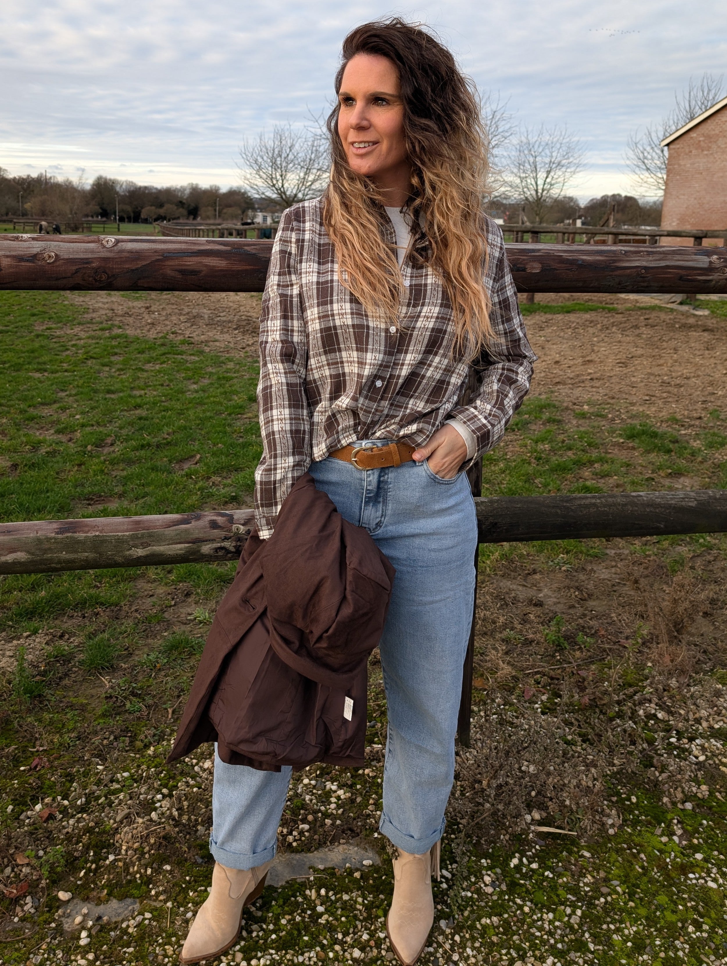 Bruin geblokte overhemd blouse