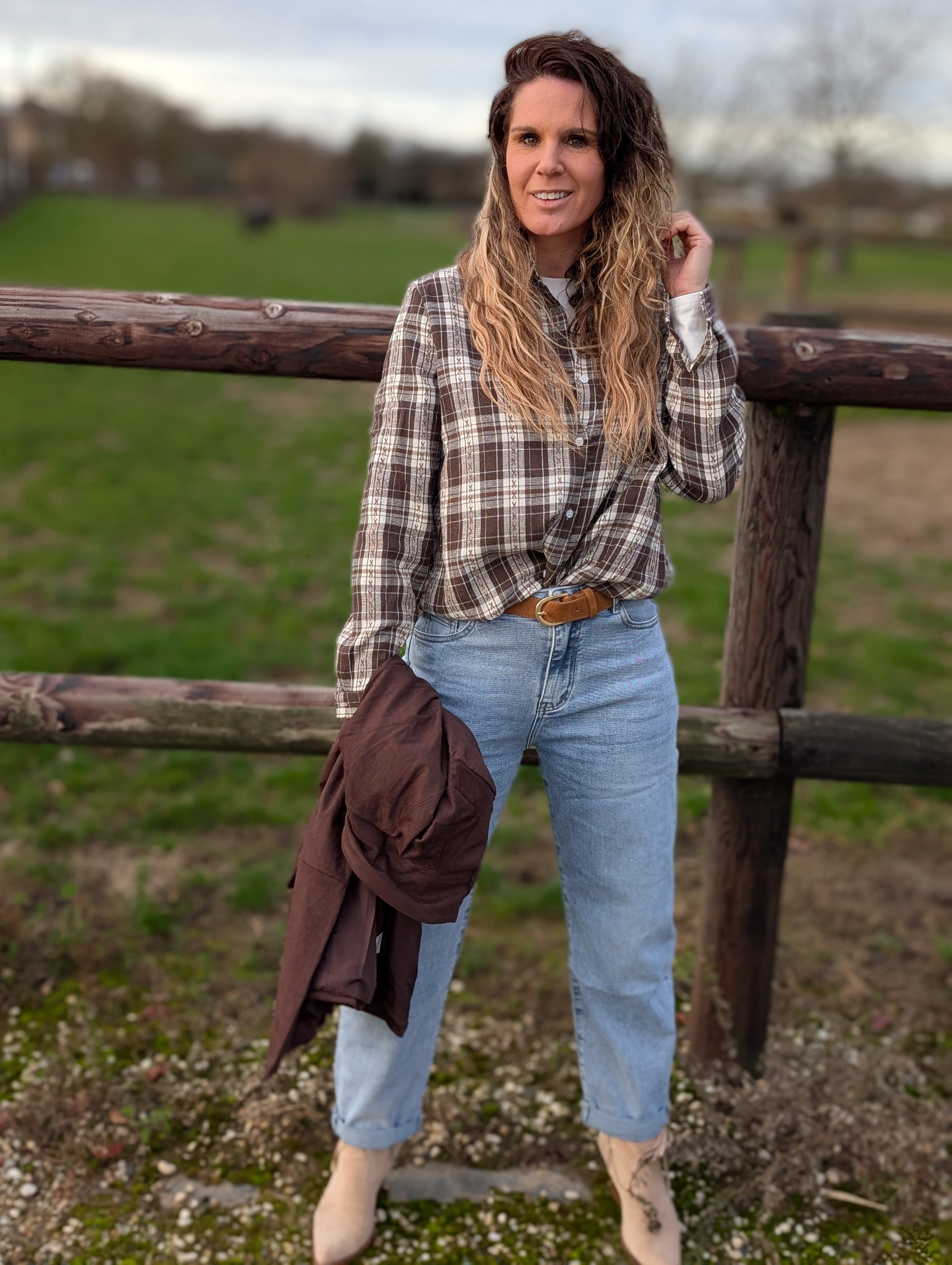 Bruin geblokte overhemd blouse