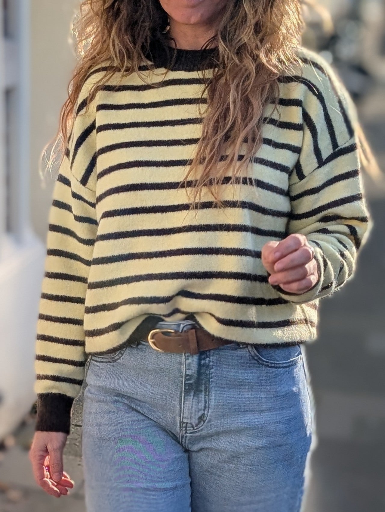 Gestreepte gebreide trui geel/bruin