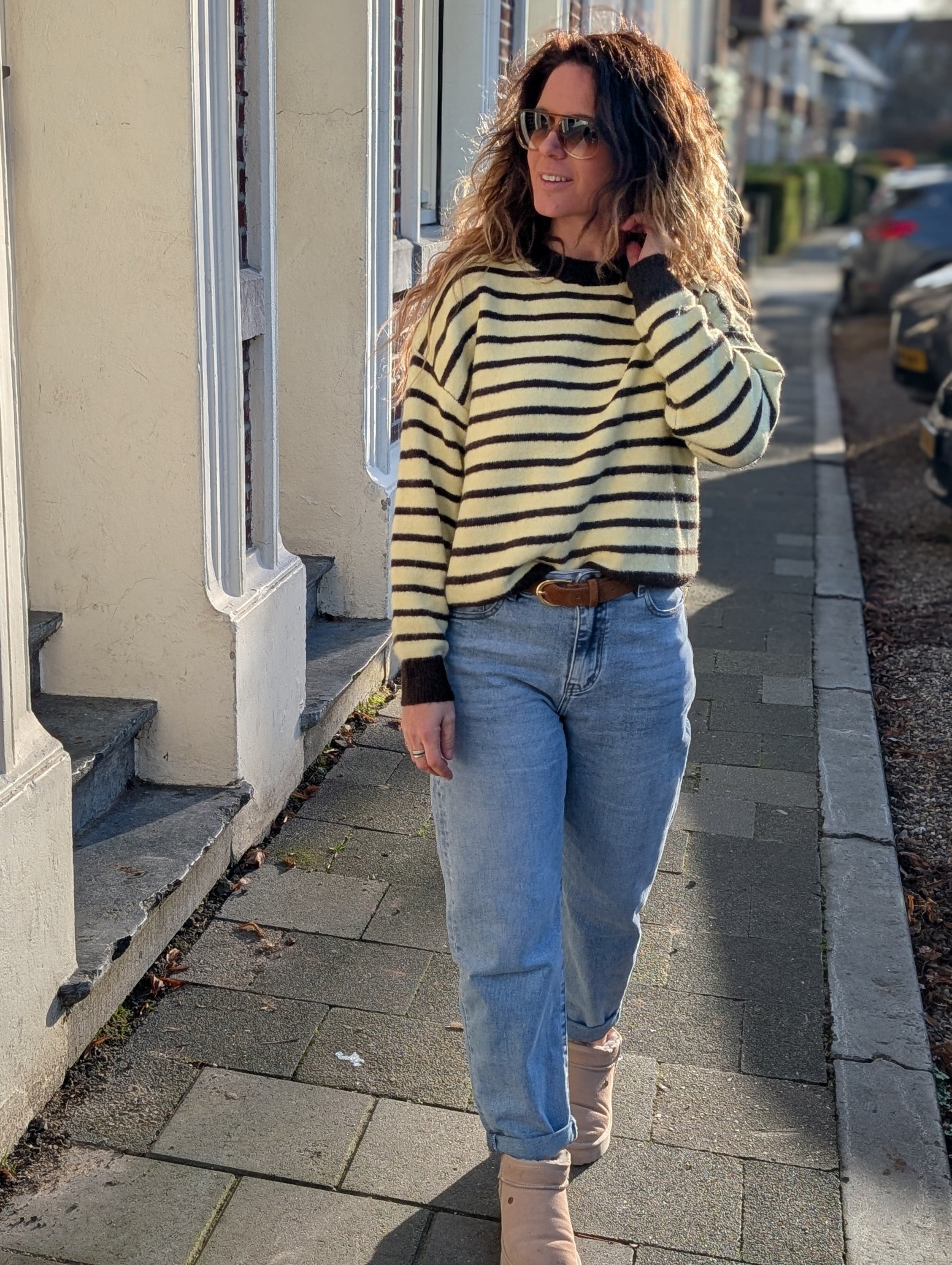 Gestreepte gebreide trui geel/bruin