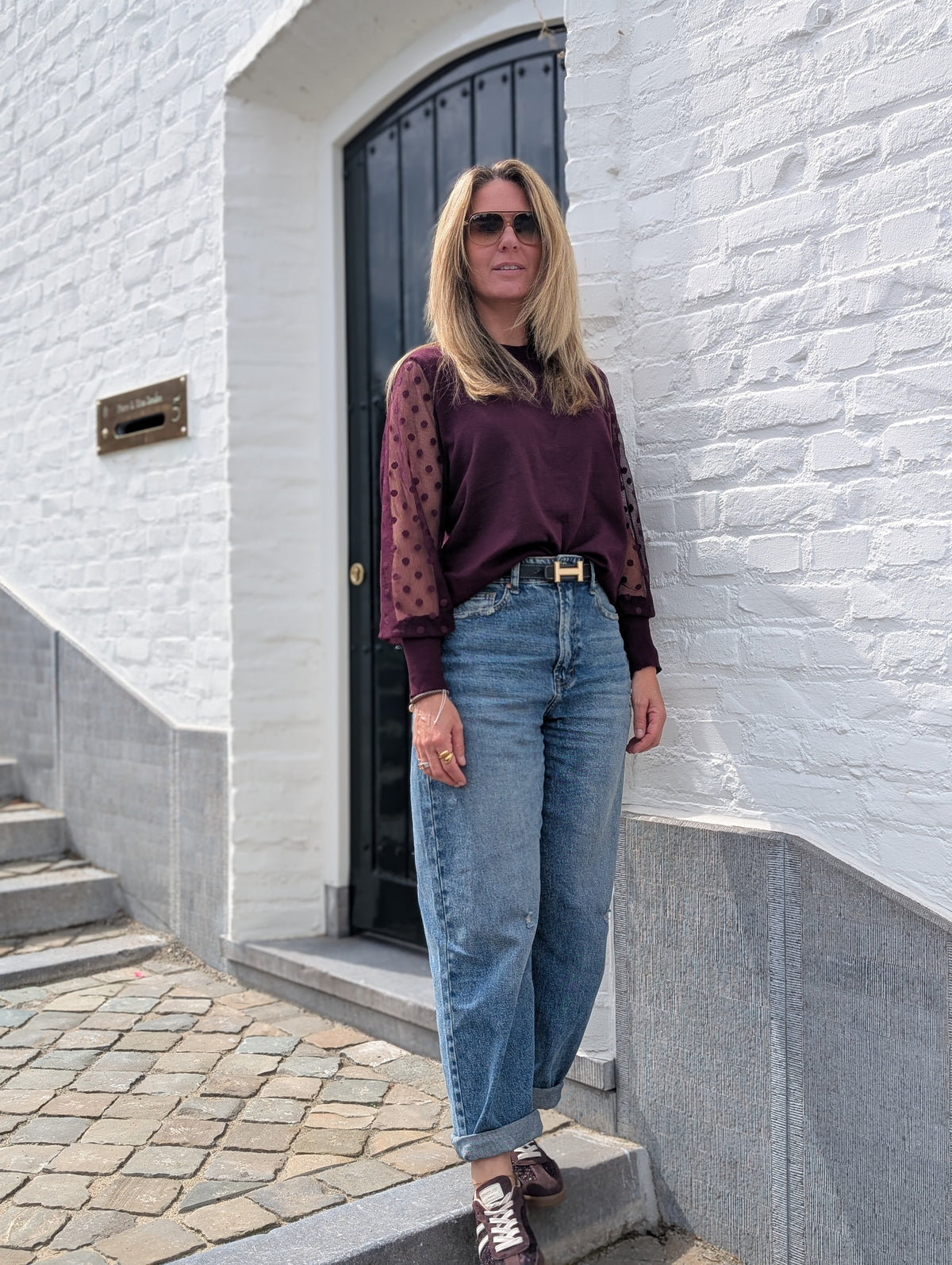 Fijngebreide Top met Polkadot Mouwen Bordeaux -paars