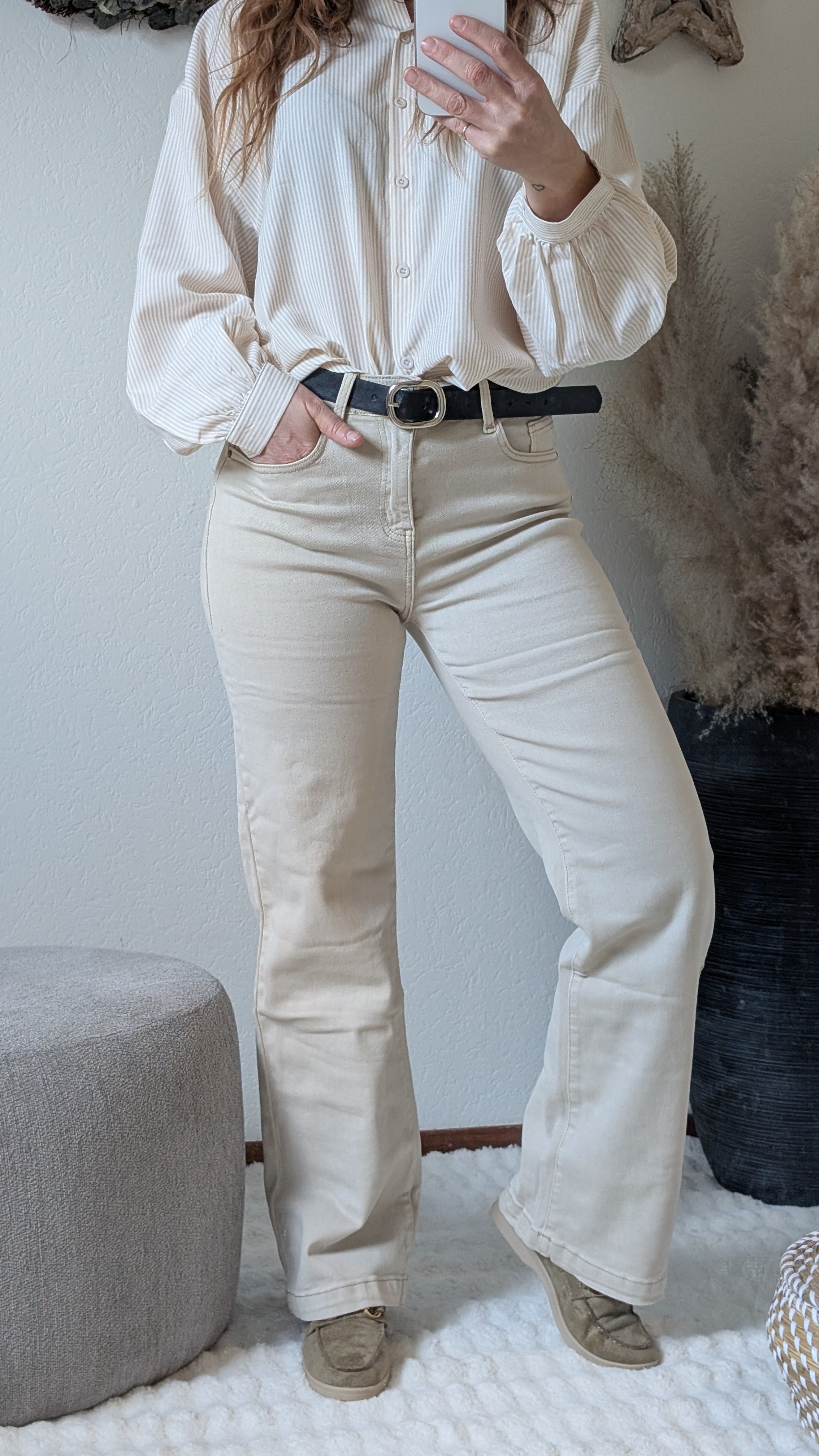 Beige High Waist Jeans Rechte Pijp