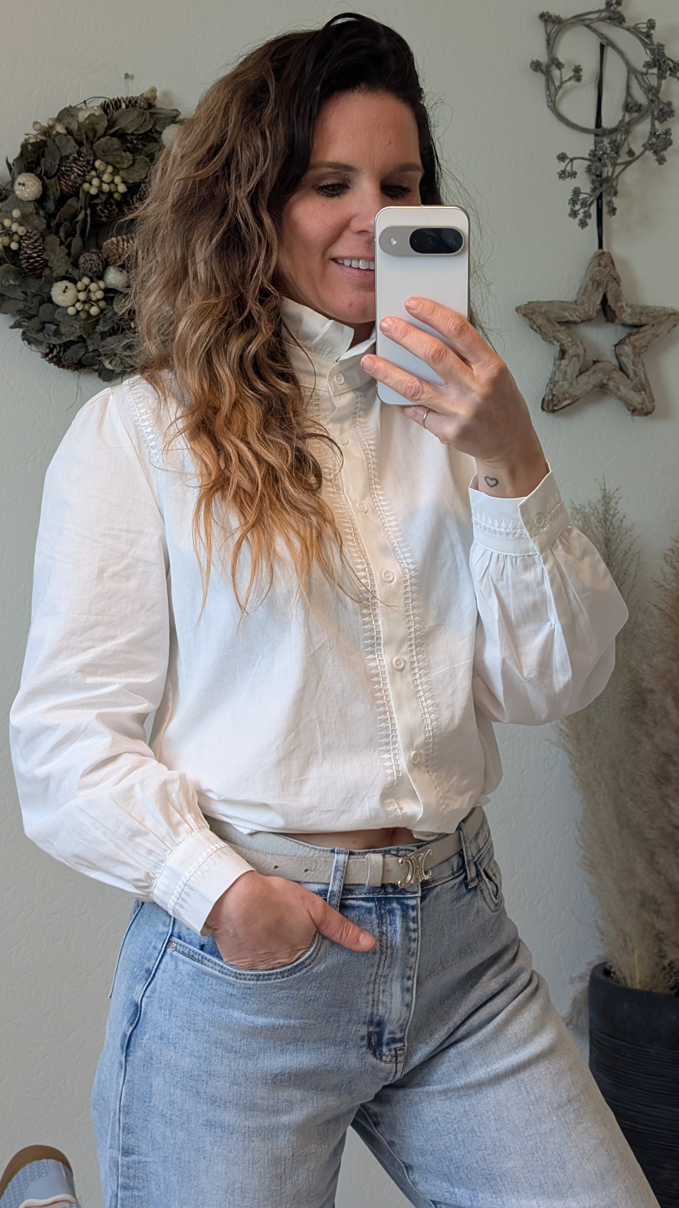 Witte Katoenen Dames BLouse met Ruches