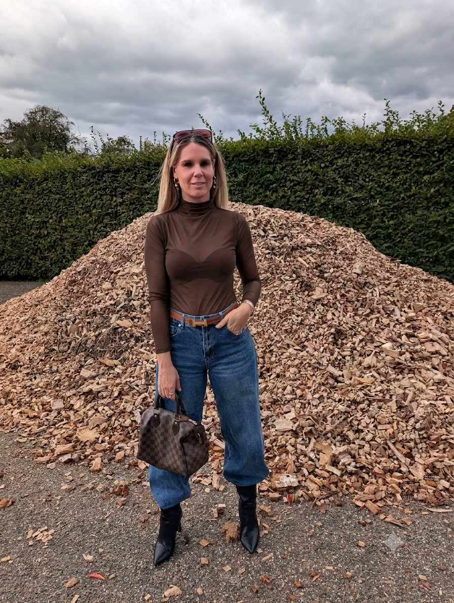 Transparante Mesh Top met Mock Neck – Bordeauxrood & Chocoladebruin