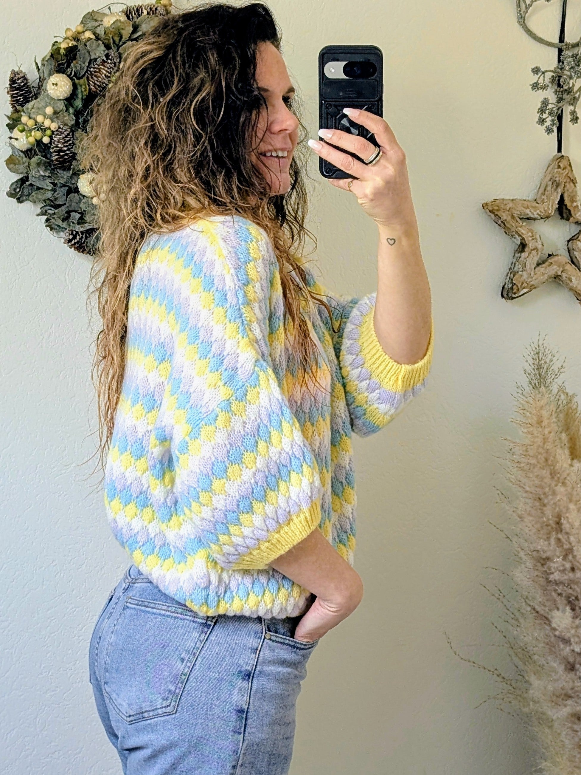 Pastel Blauw Checkered Crochet Knit "The Dreamy Sweater"