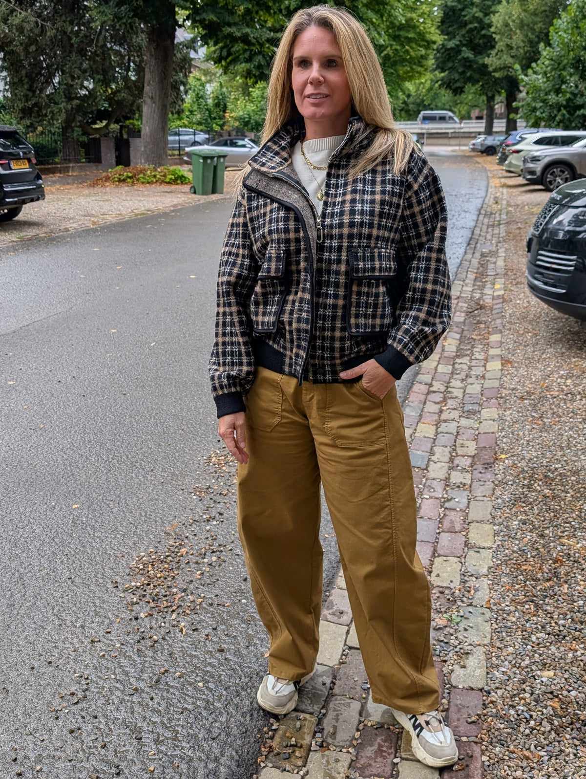 Oversized Gebreid Ritsvest met Ruitpatroon Zwart-Camel