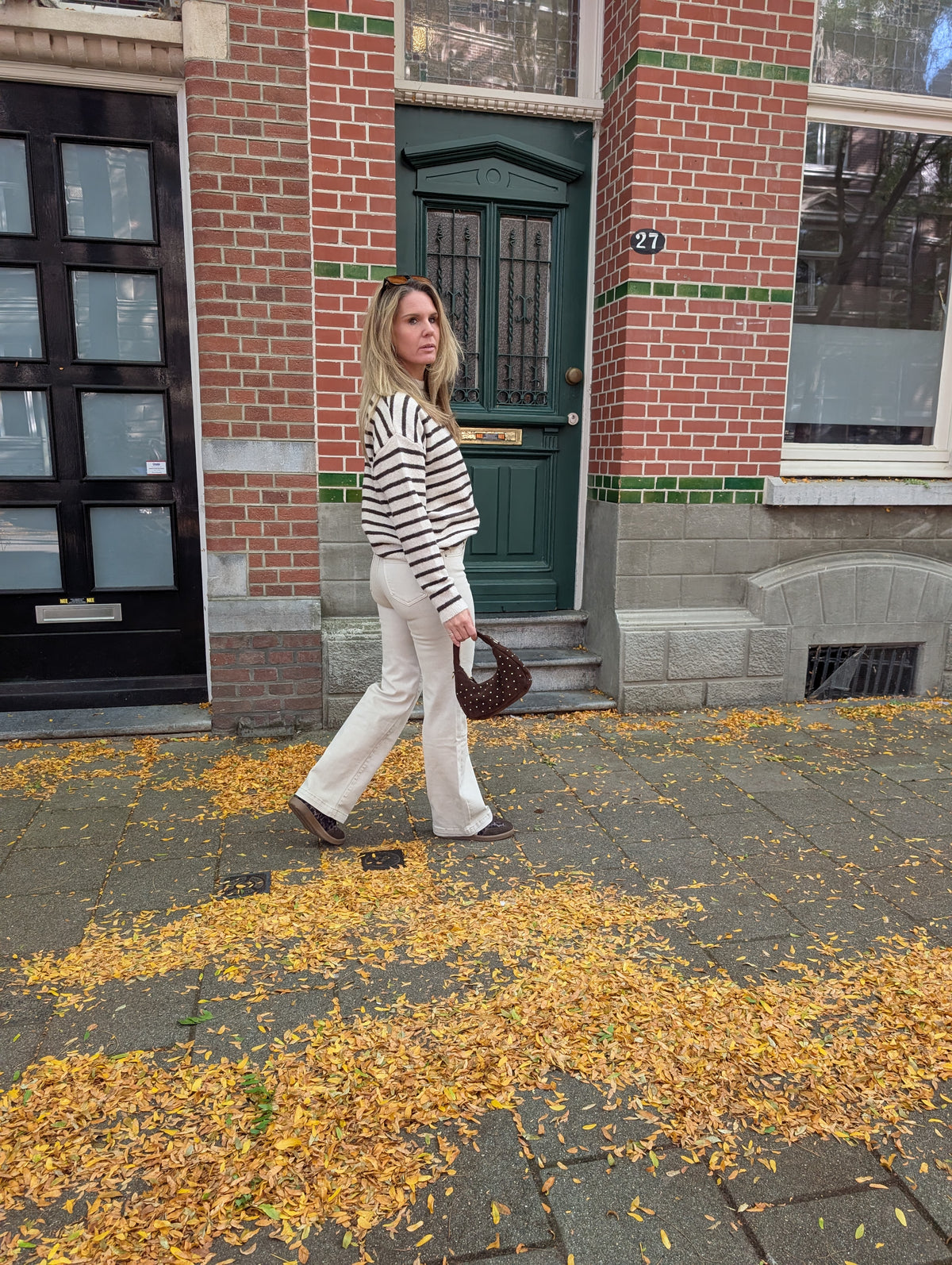 Fijn Gebreide Gestreepte Trui met Opstaande Kraag – Beige/Donkerbruin