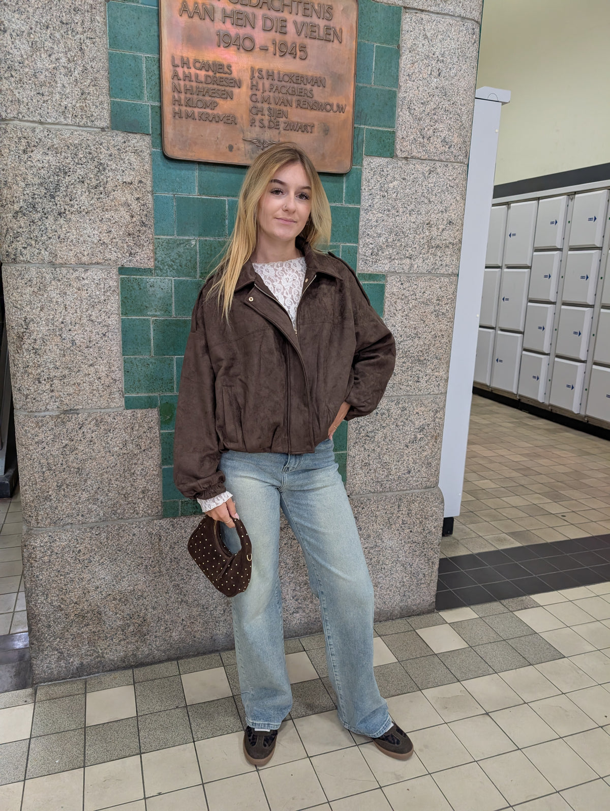 Oversized Suèdine Bomber Jasje – Donkerbruin
