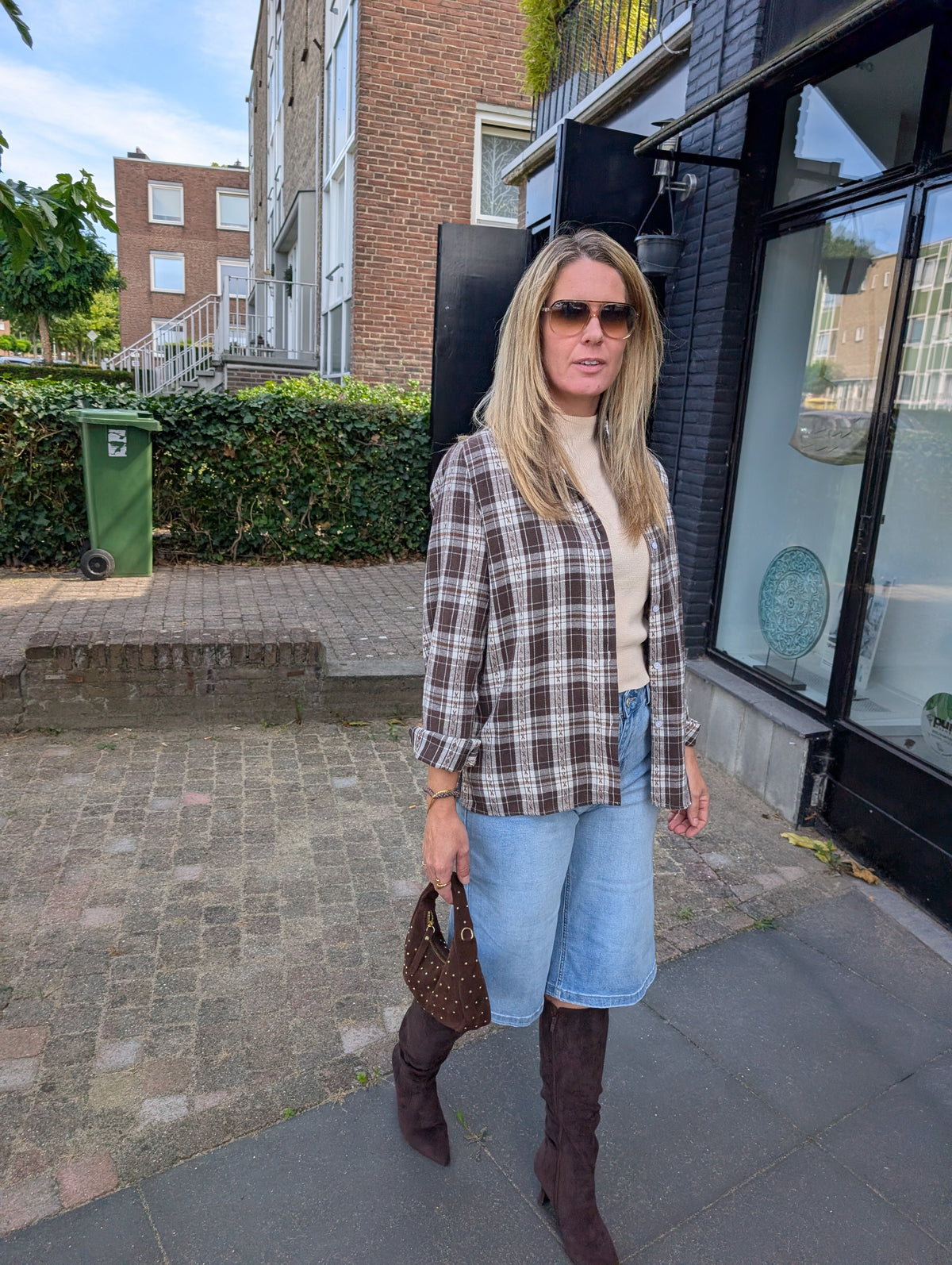Bruin geblokte overhemd blouse