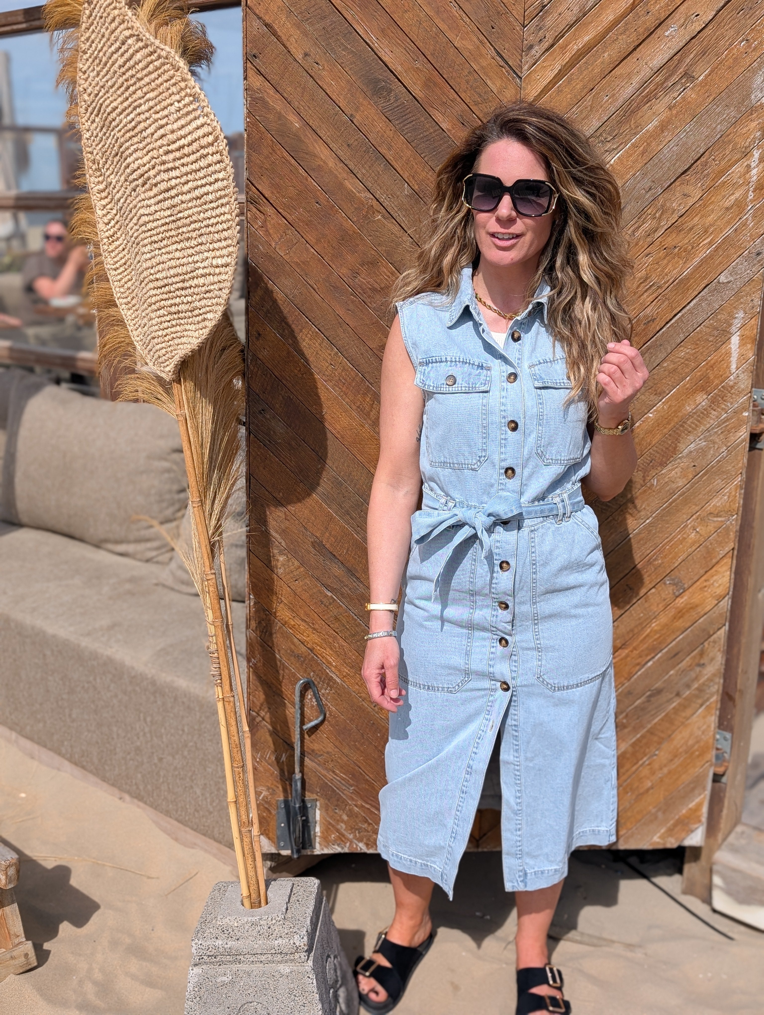 Denim Mouwloze jurk met Tailleceintuur en Zakken