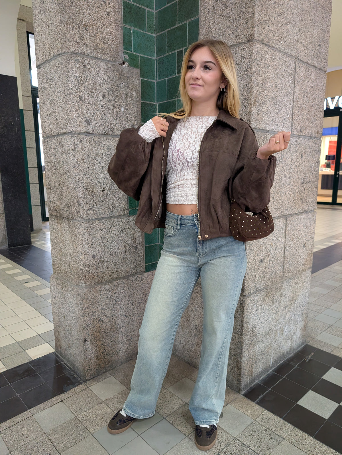 Oversized Suèdine Bomber Jasje – Donkerbruin