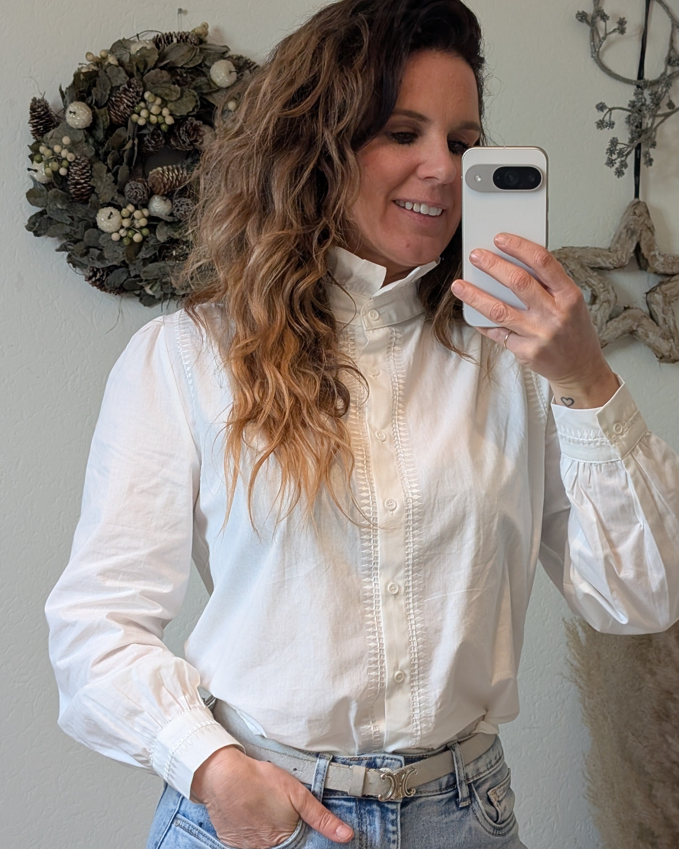 Witte Katoenen Dames BLouse met Ruches