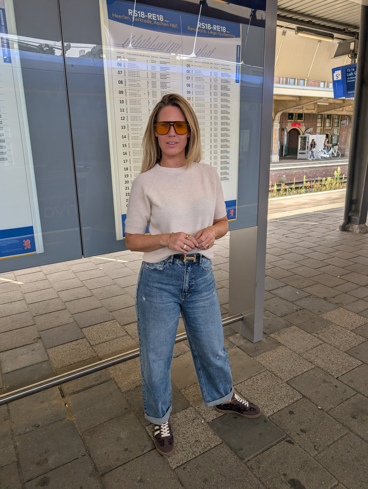 Zachte Gebreide Top in Beige & Choco Korte Mouw