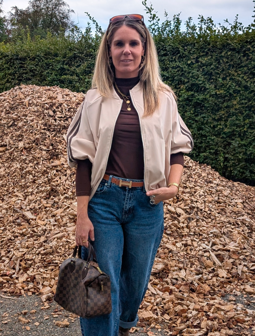 Oversized Short Sleeve Track Jacket – Beige & Brown