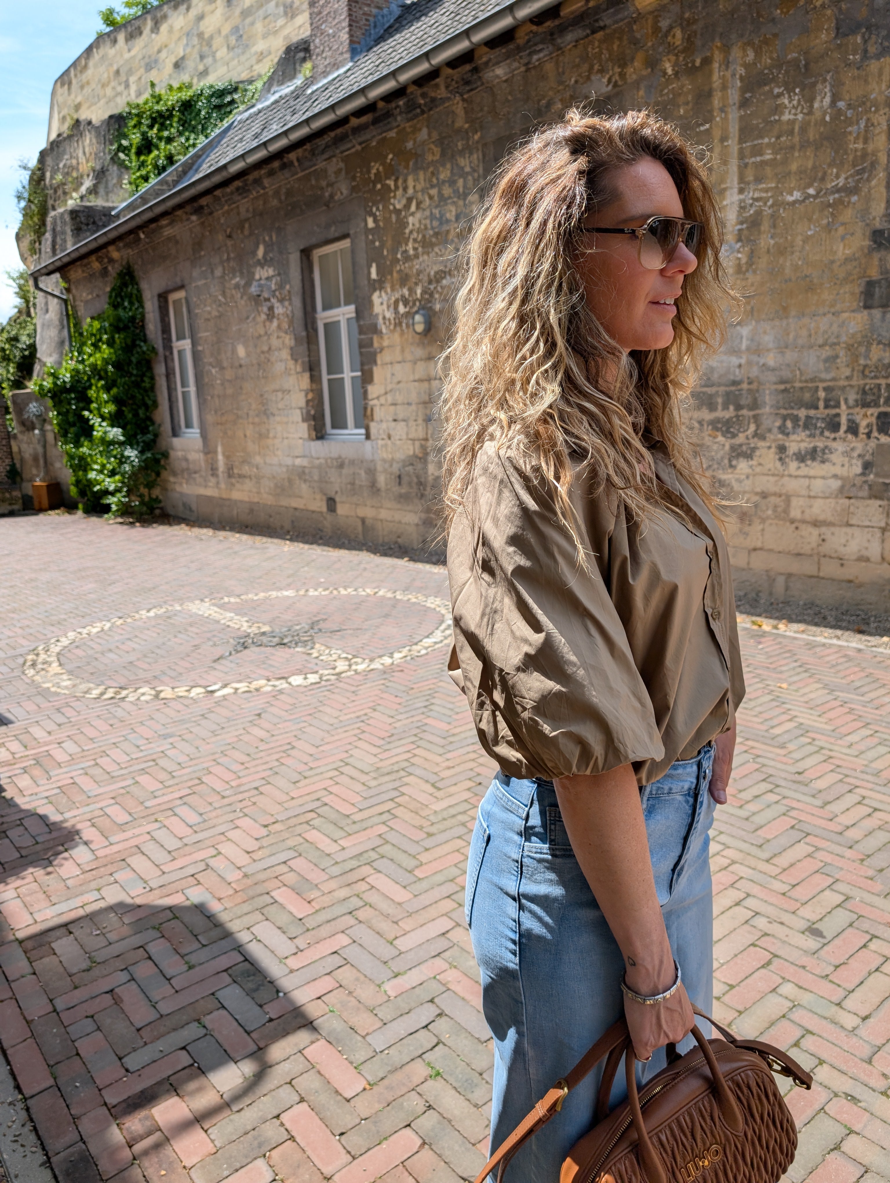 Kaki Poplin Blouse met ballon mouwen