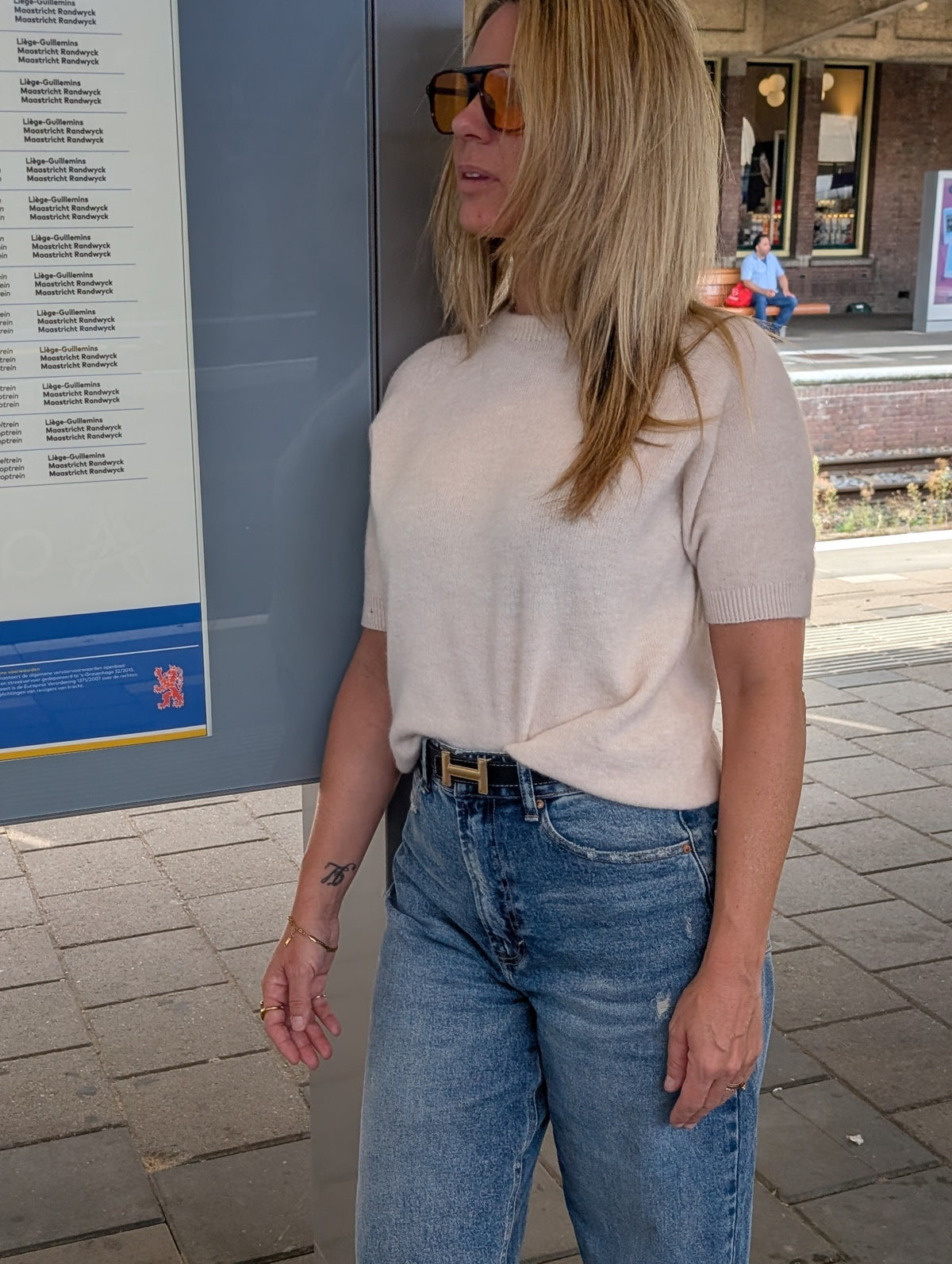 Zachte Gebreide Top in Beige & Choco Korte Mouw