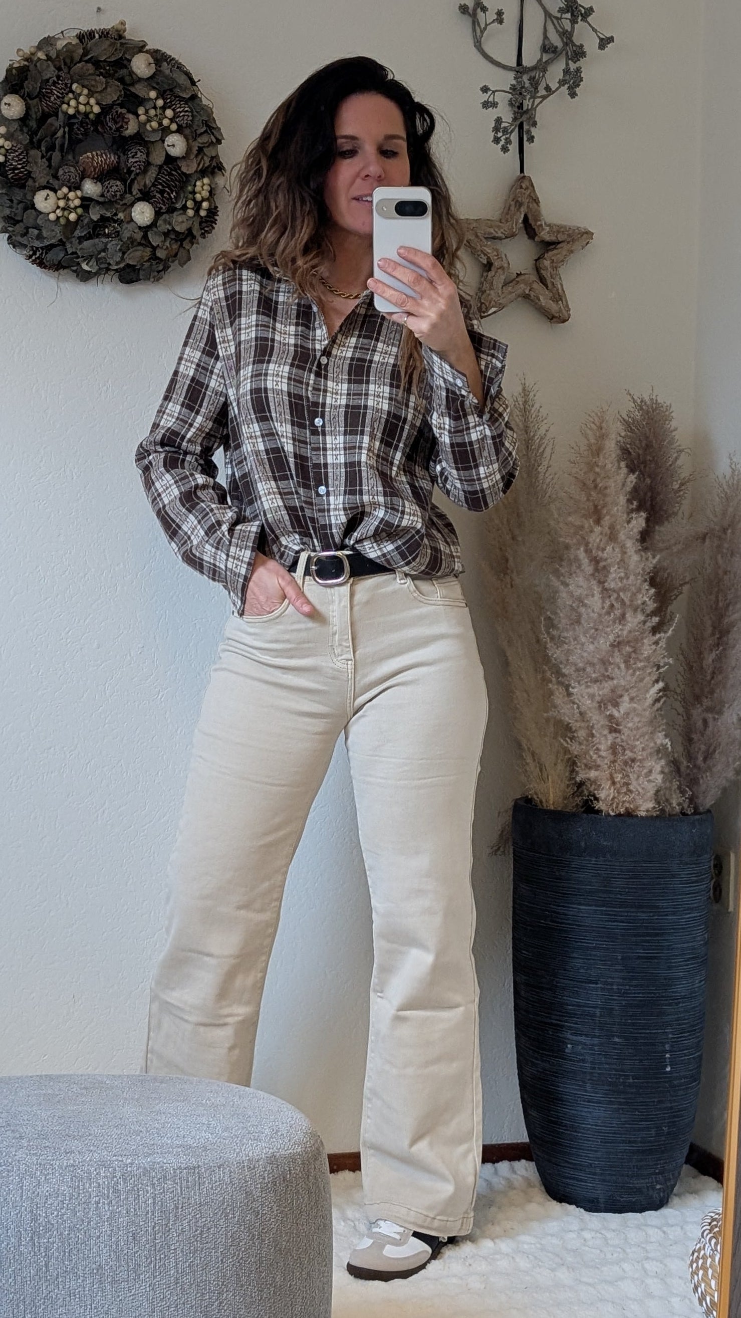 Beige High Waist Jeans Rechte Pijp