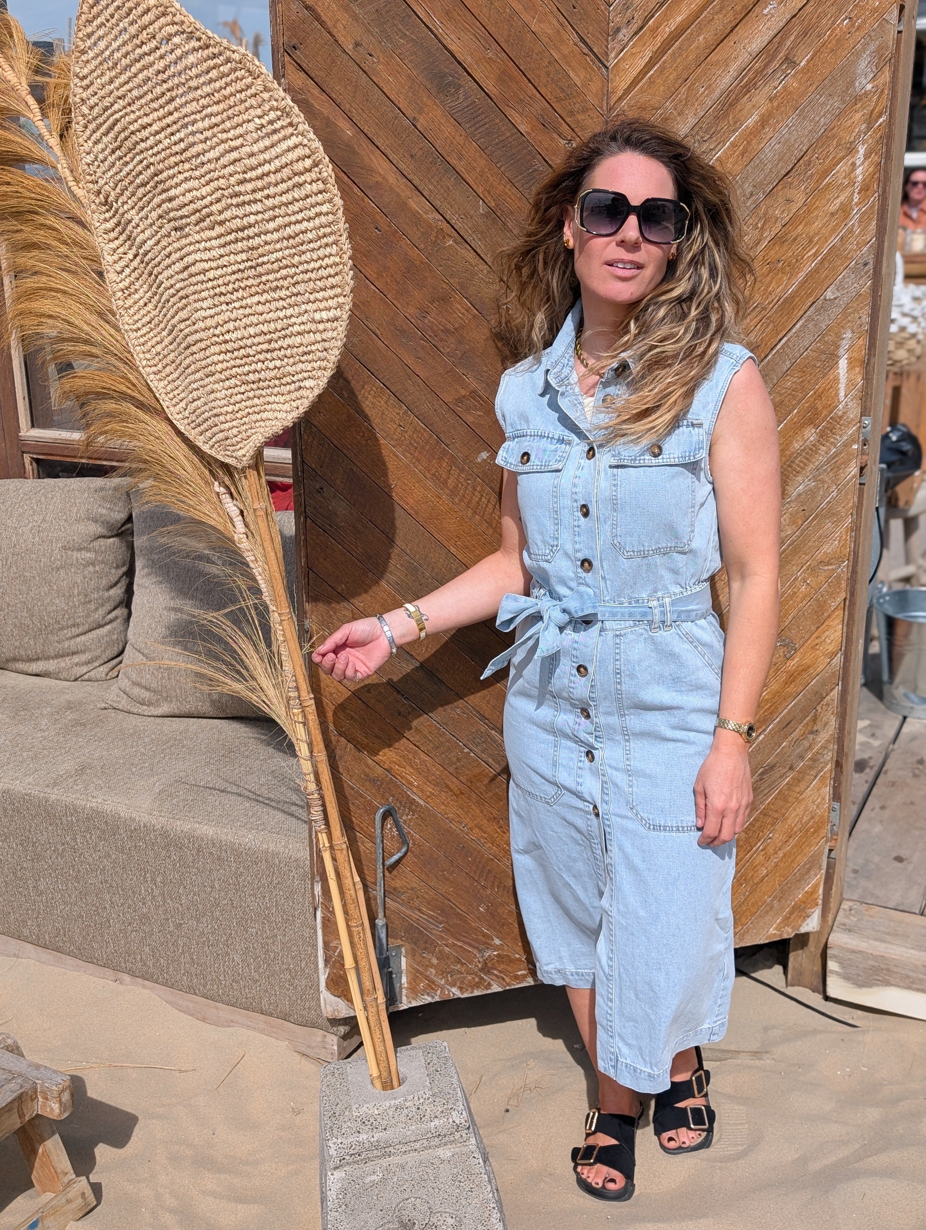 Denim Mouwloze jurk met Tailleceintuur en Zakken