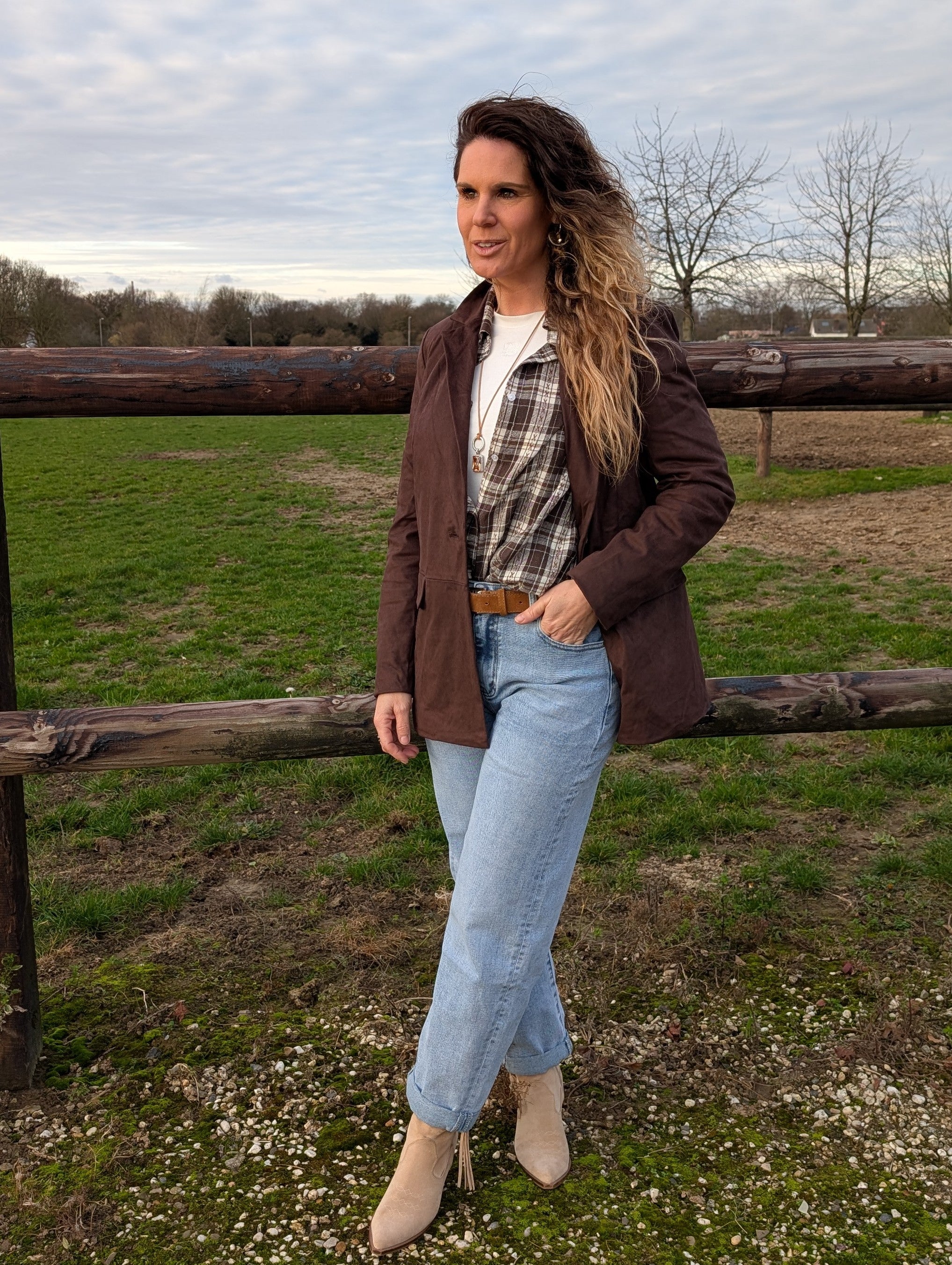 Bruin geblokte overhemd blouse