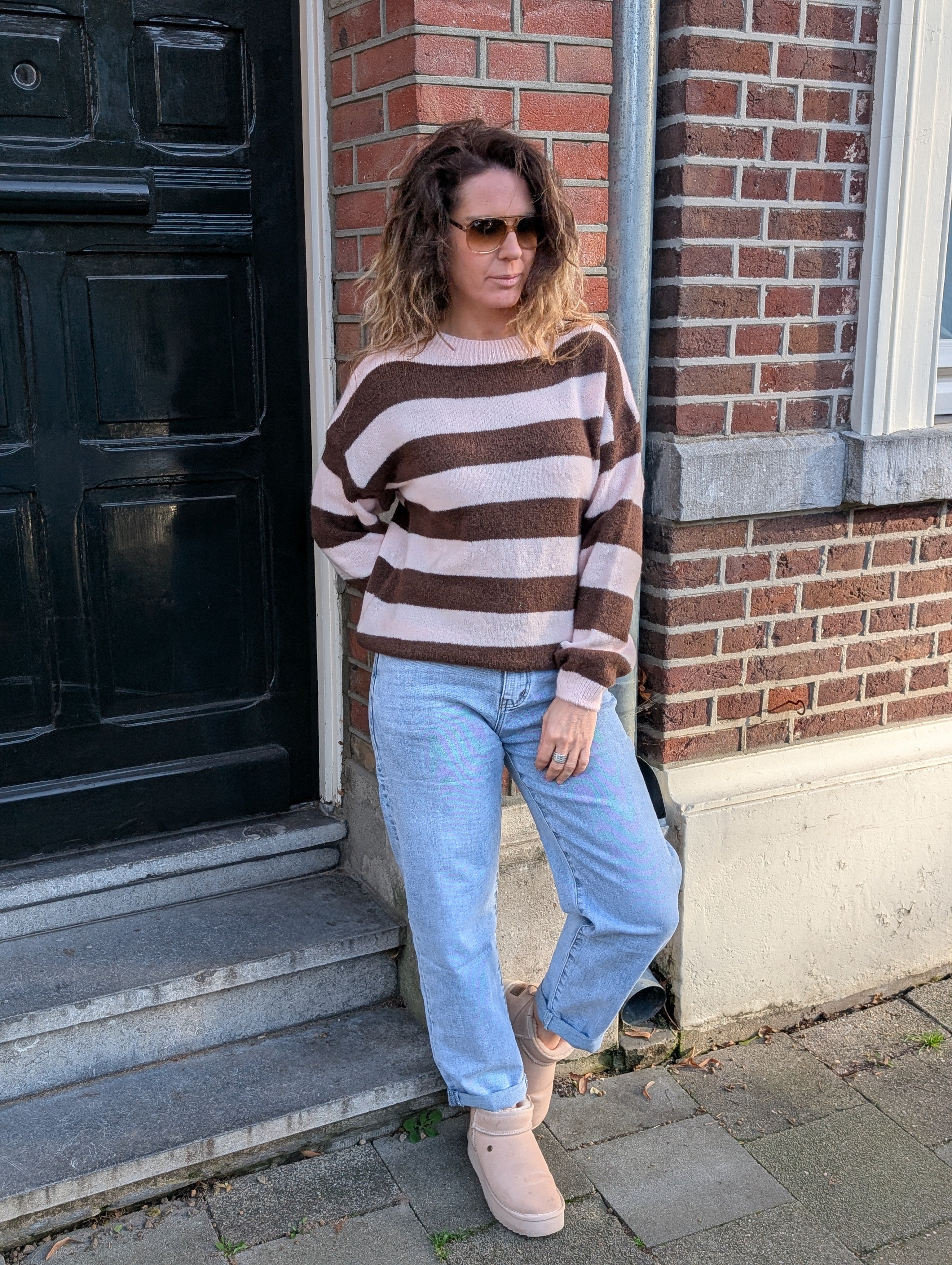 Gestreepte trui soft pink en Chocolate brown