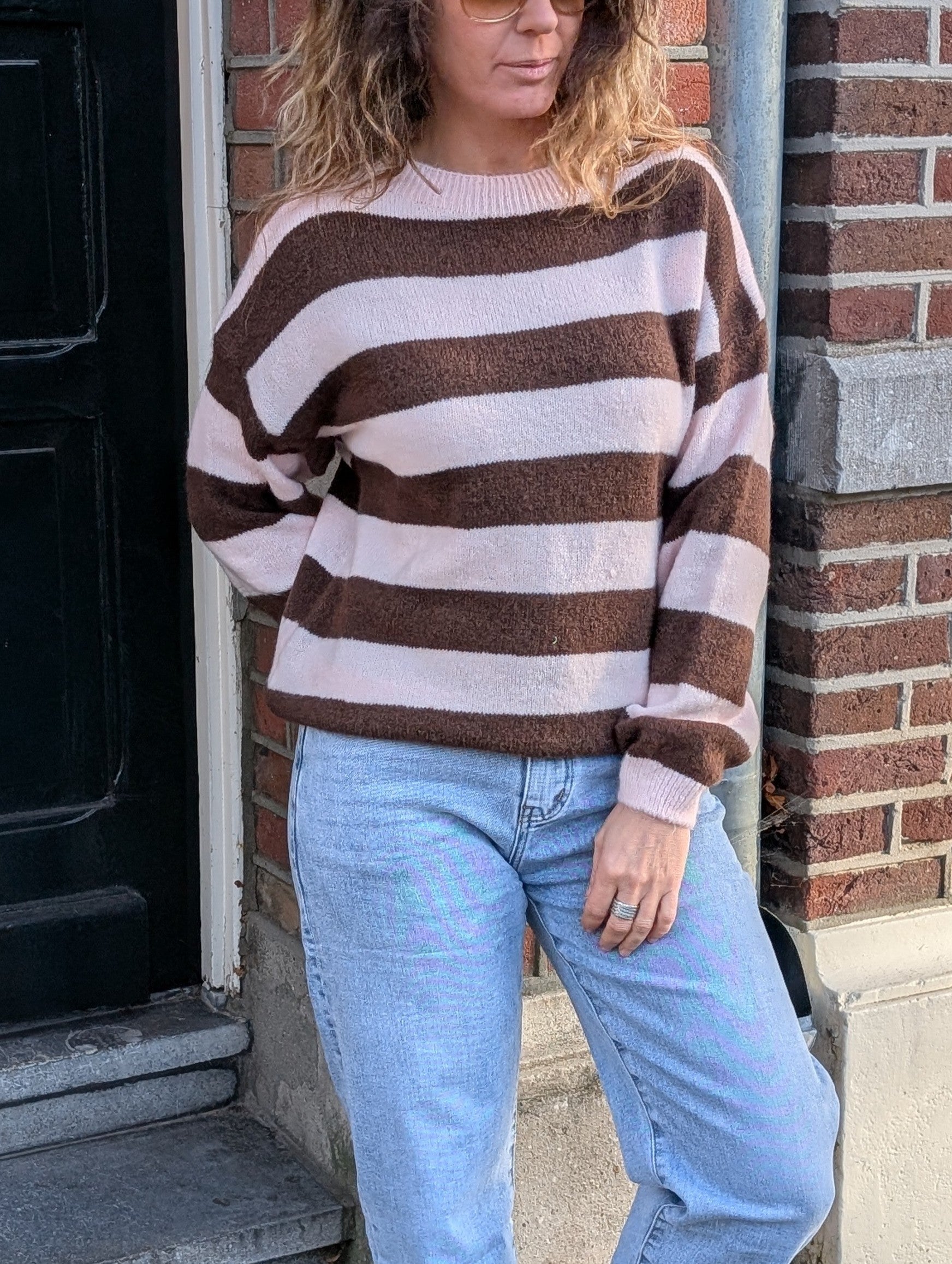 Gestreepte trui soft pink en Chocolate brown