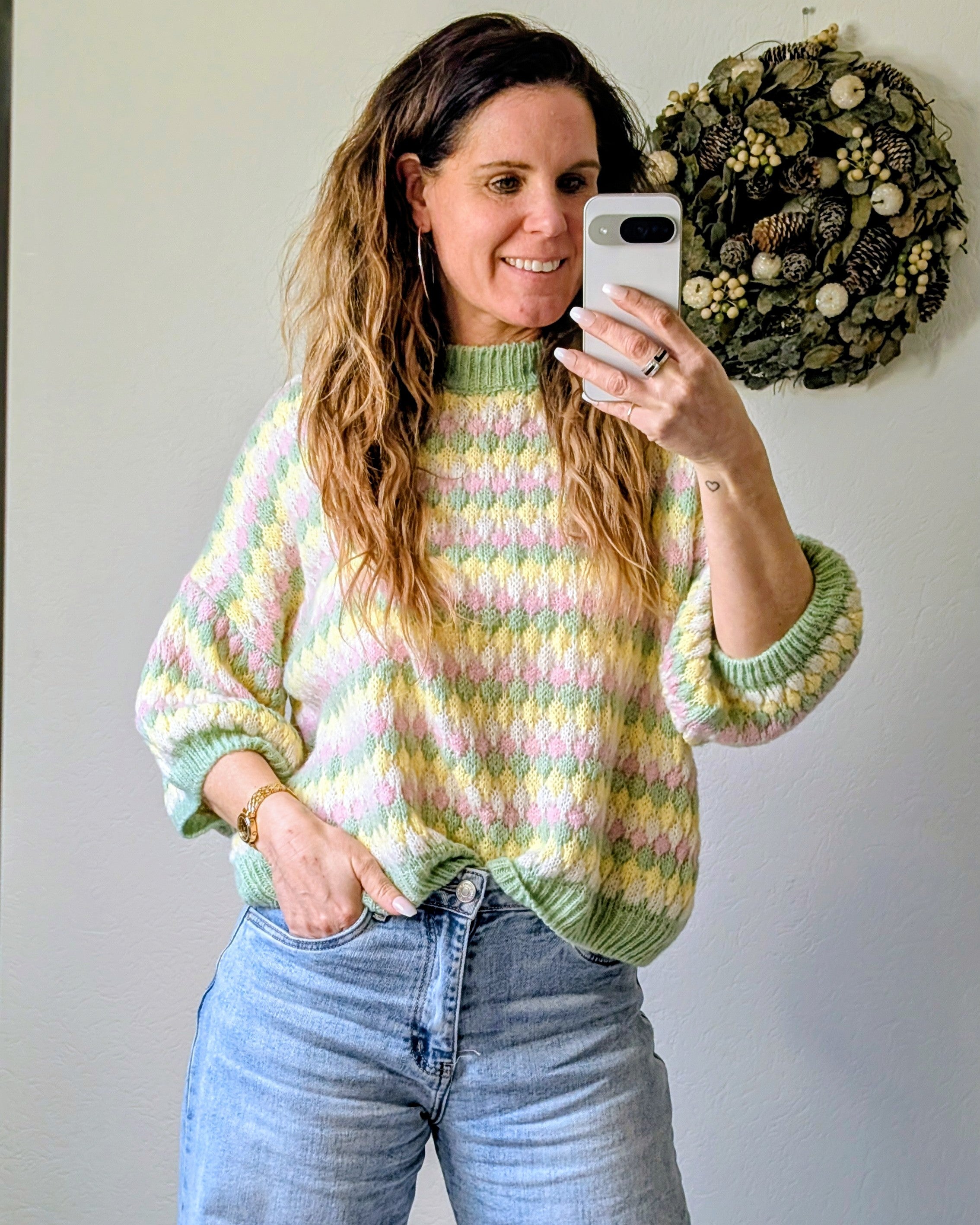 Pastel  Mintgroene Checkered Crochet Knit  "The Dreamy Sweater"