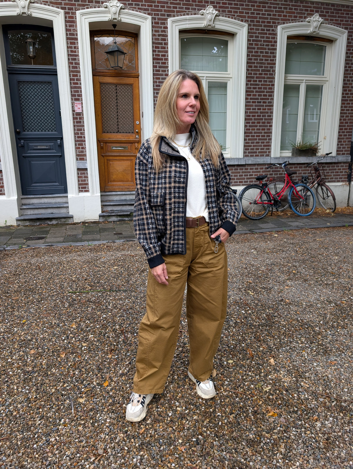 Oversized Gebreid Ritsvest met Ruitpatroon Zwart-Camel