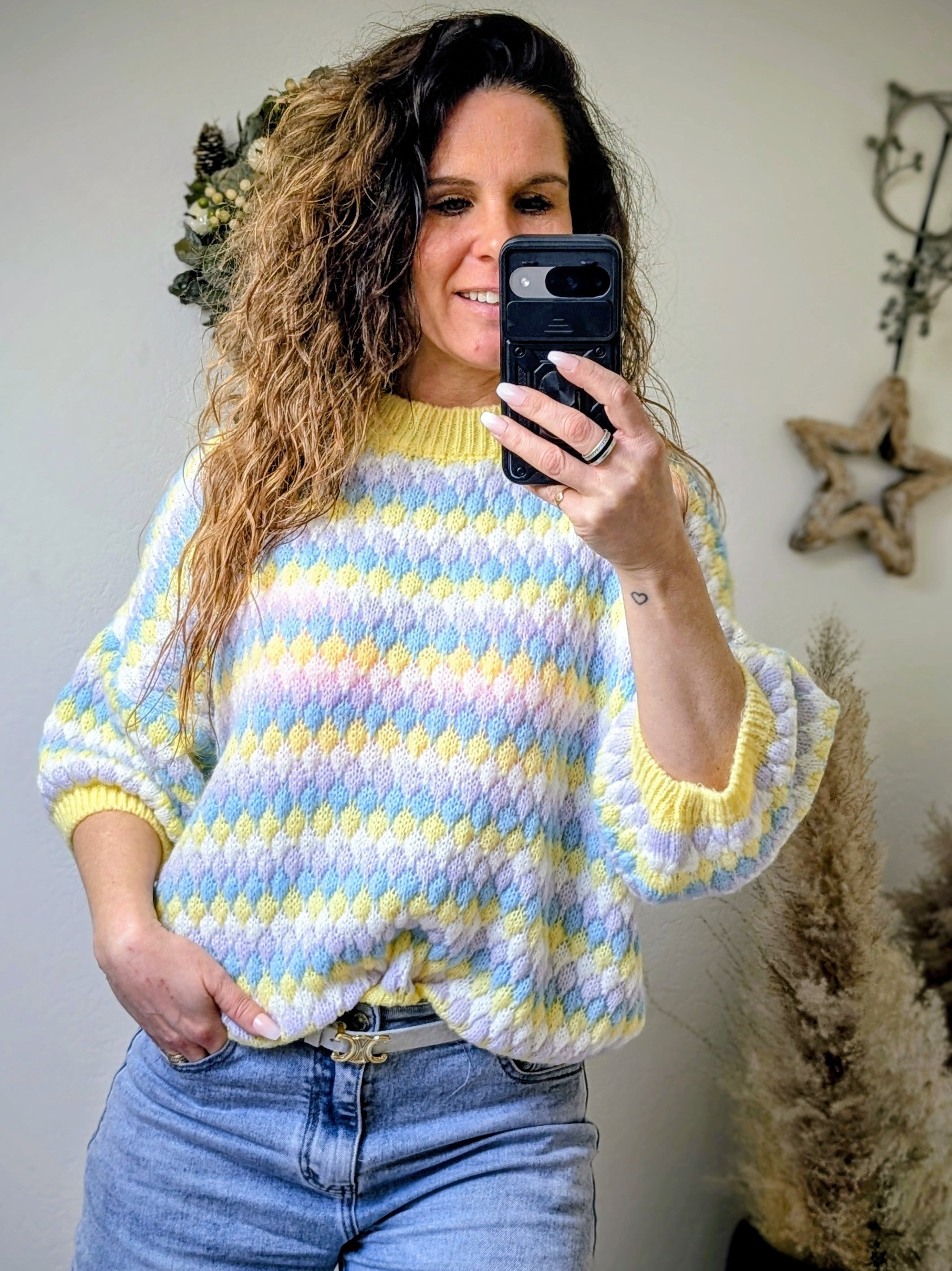 Pastel  Blauw Checkered Crochet Knit  "The Dreamy Sweater"