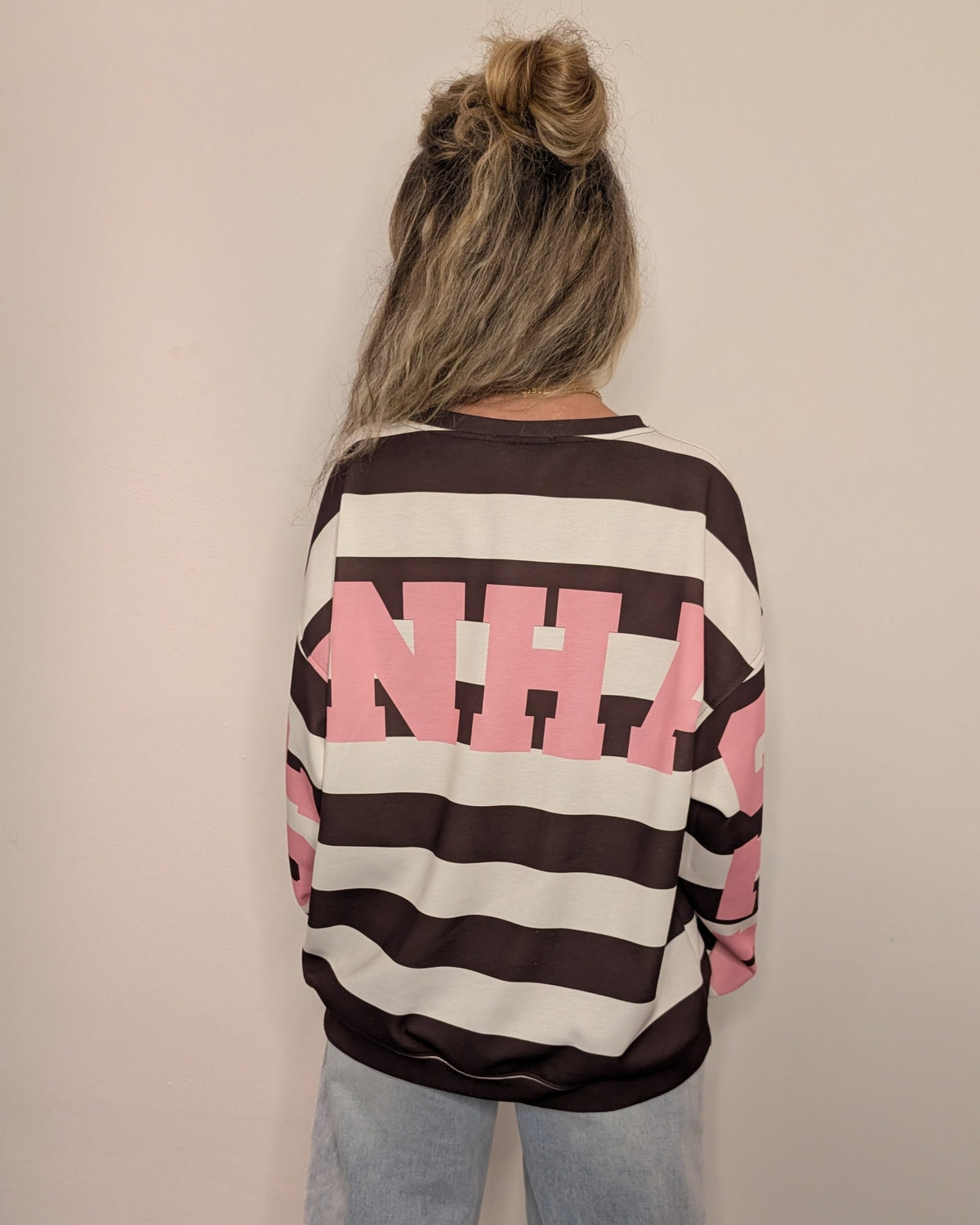 Oversized Gestreepte Sweater 'Copenhagen' – Donkerbruin, Wit & Roze