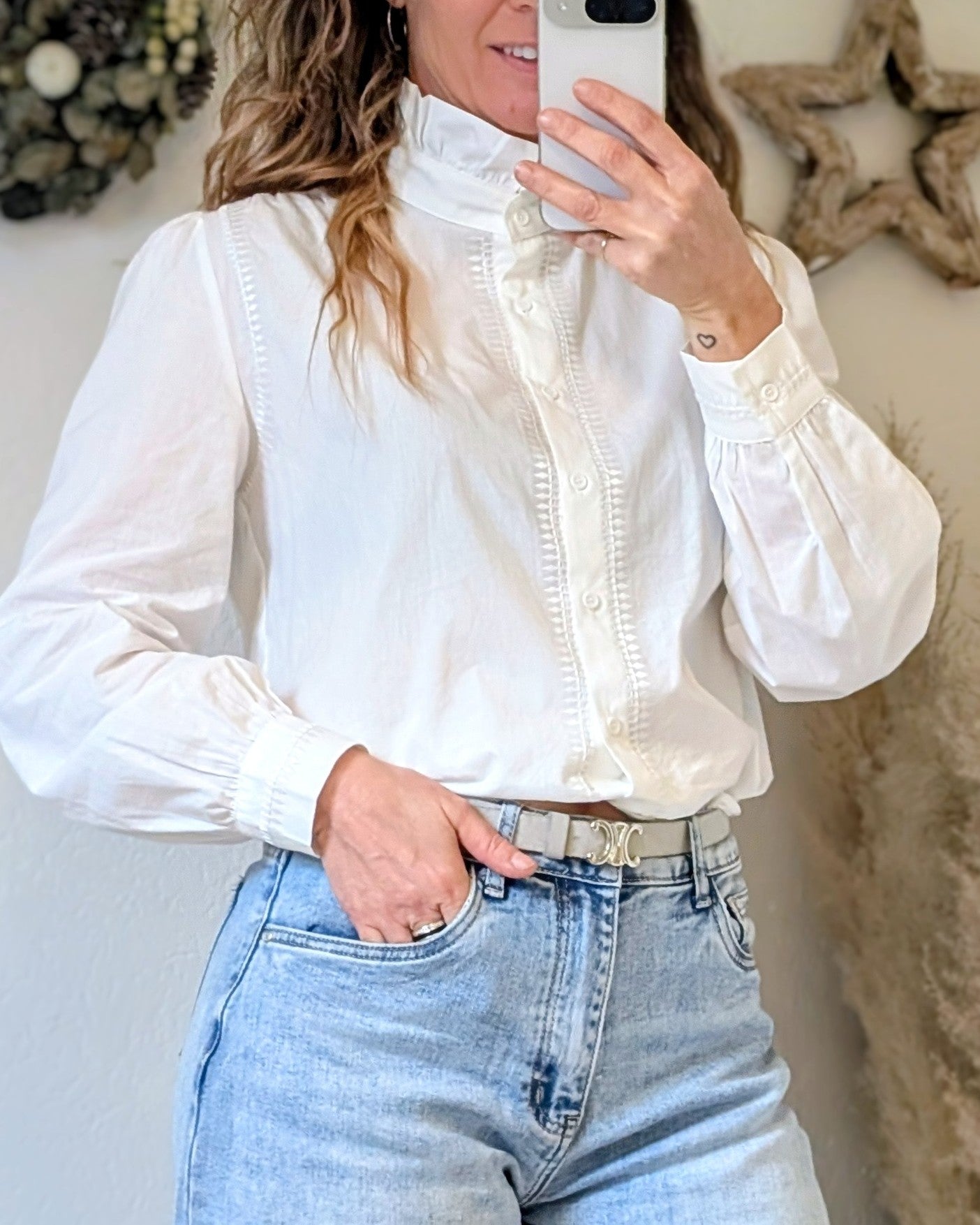 Witte Katoenen Dames BLouse met Ruches