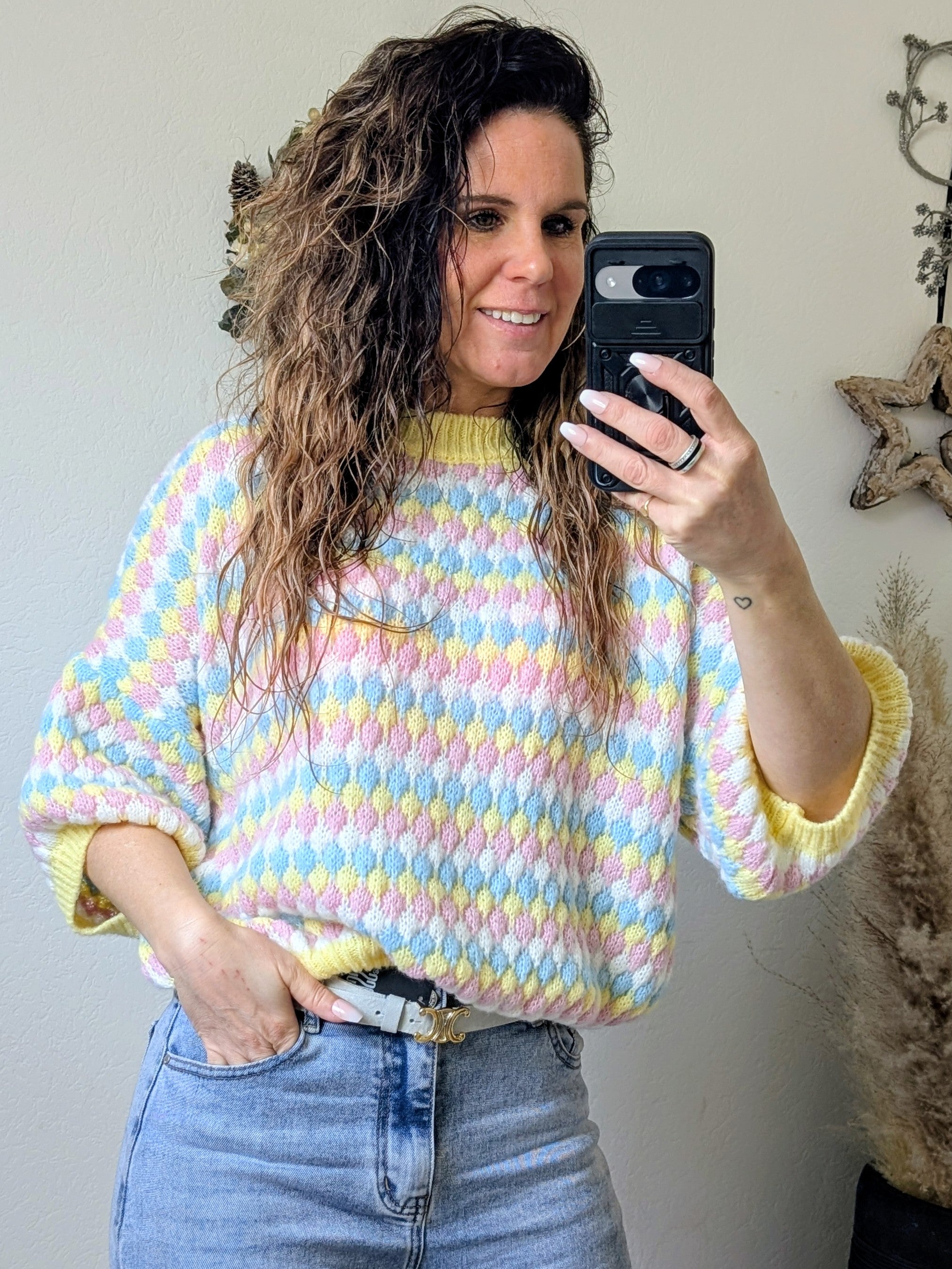 Pastel Roze Checkered Crochet Knit  "The Dreamy Sweater"