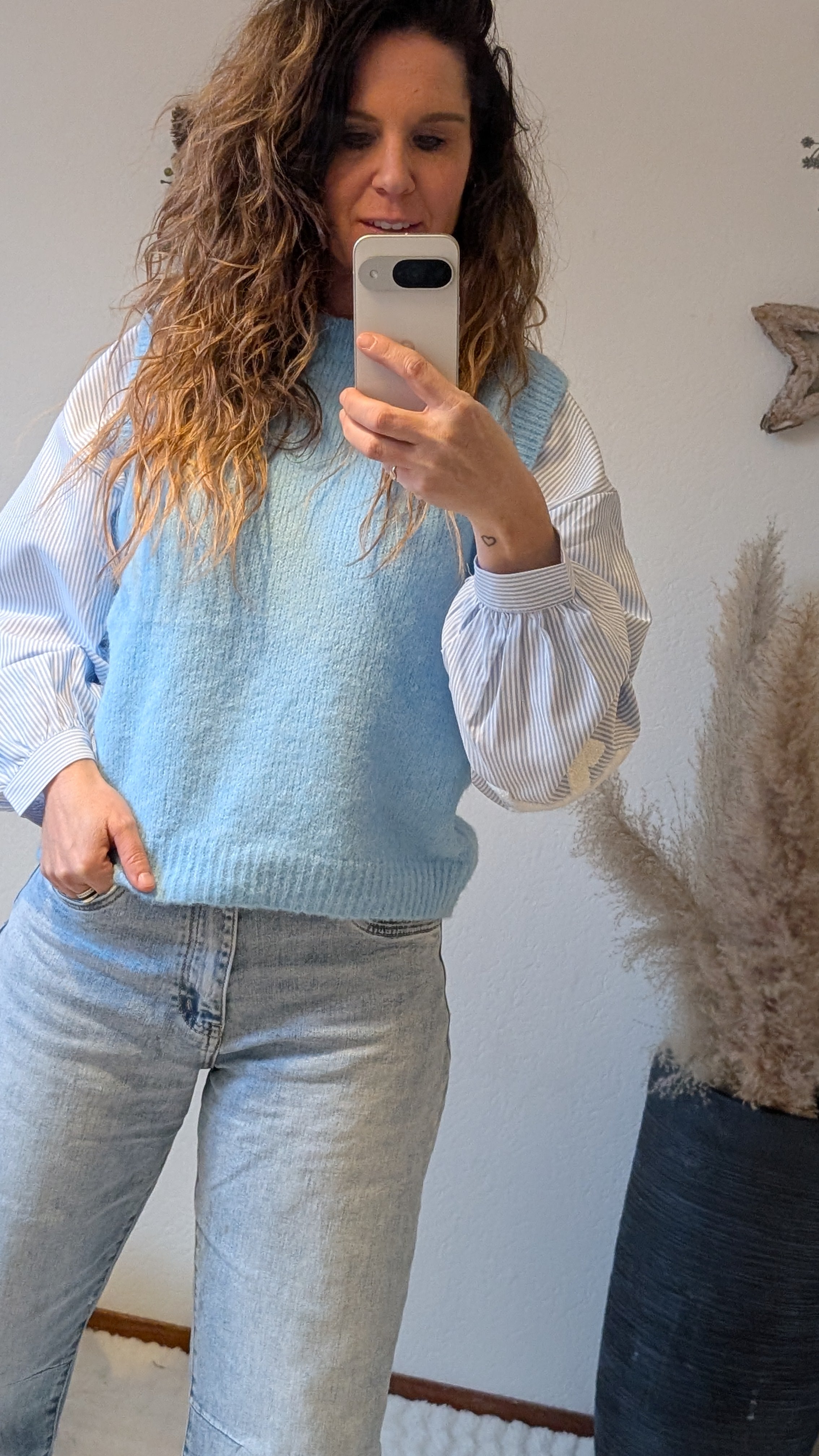 Lichtblauwe gebreide dames spencer