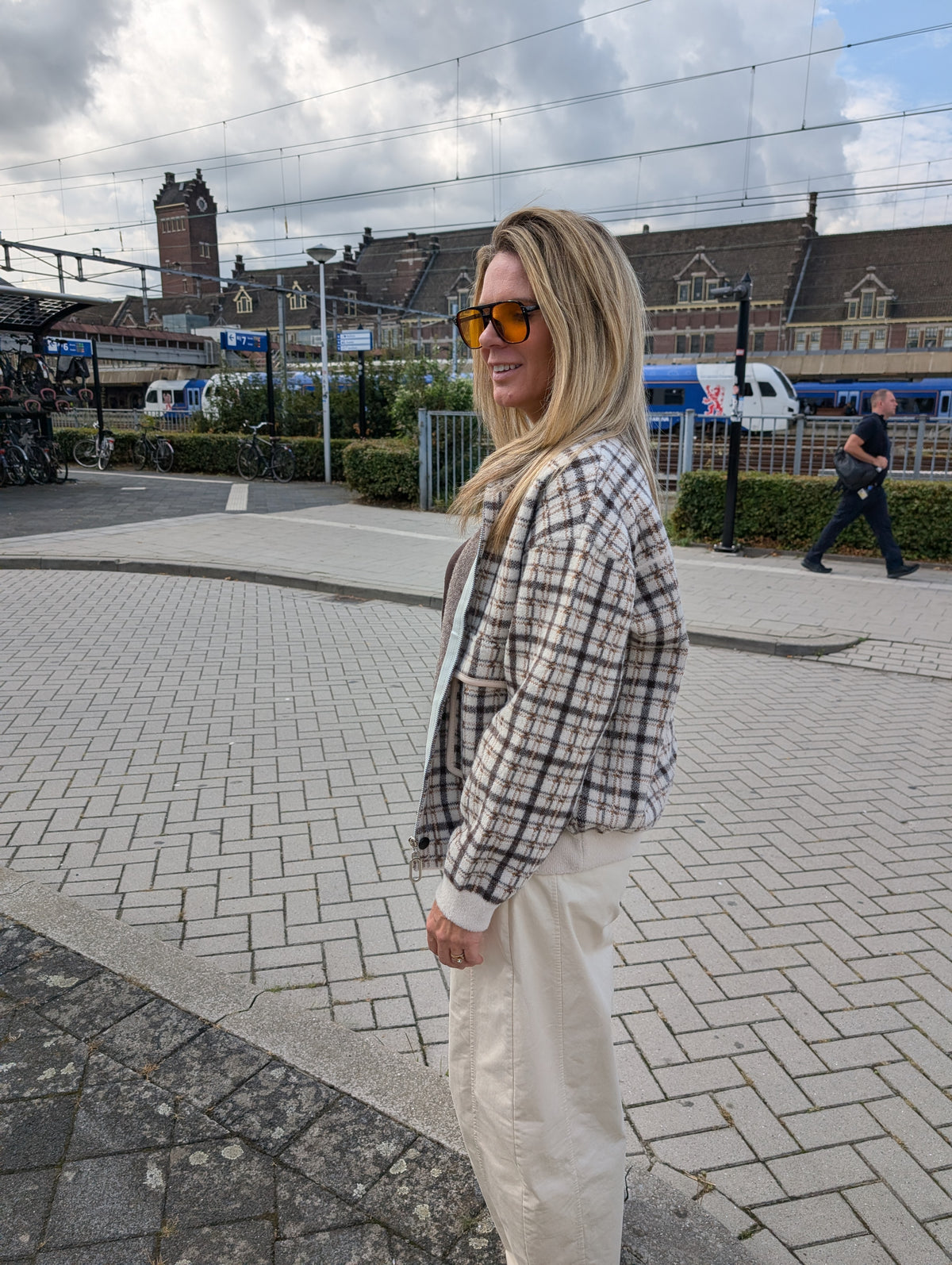 Oversized Gebreid Ritsvest met Ruitpatroon Beige - Bruin