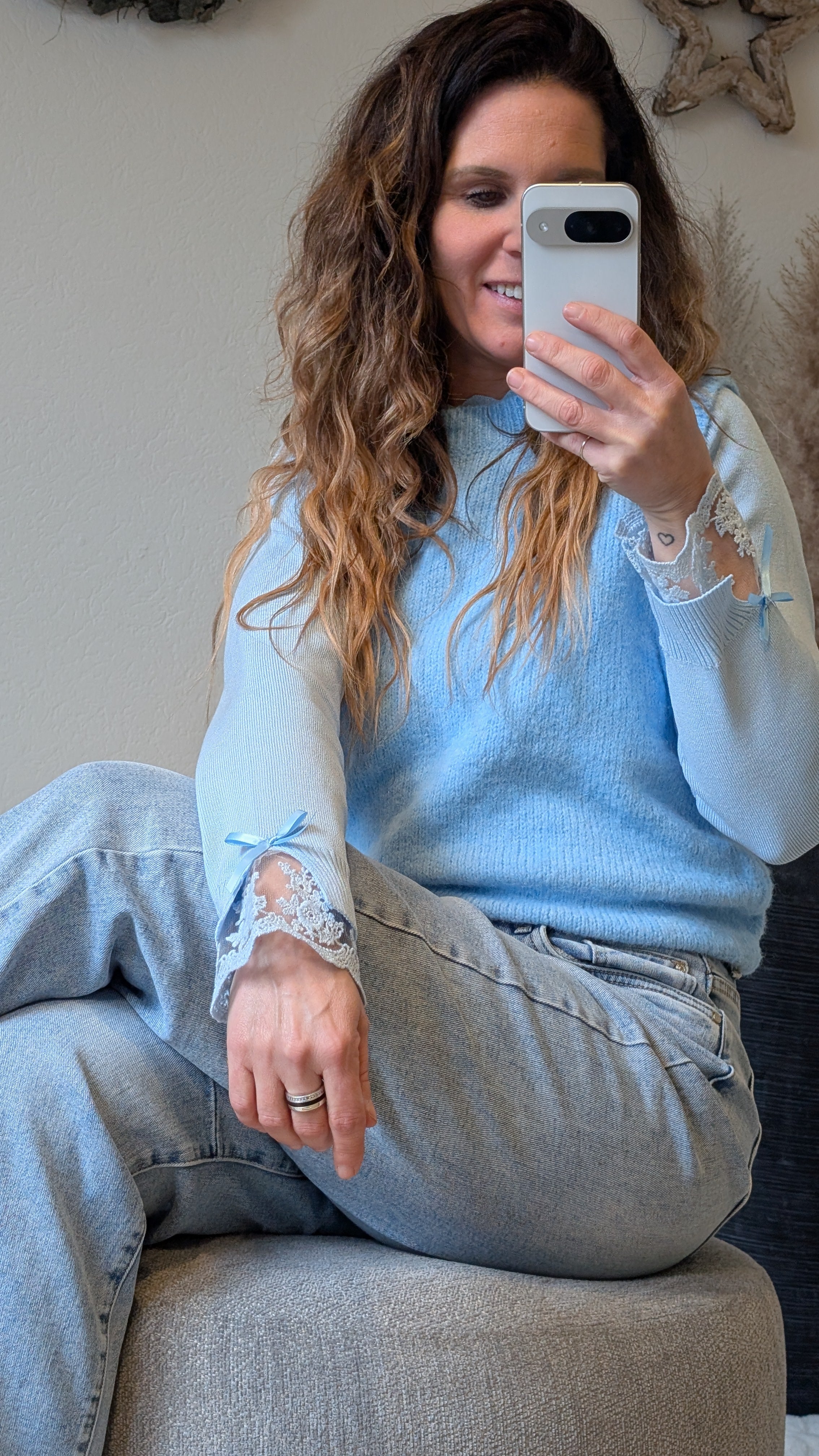 Lichtblauwe gebreide dames spencer