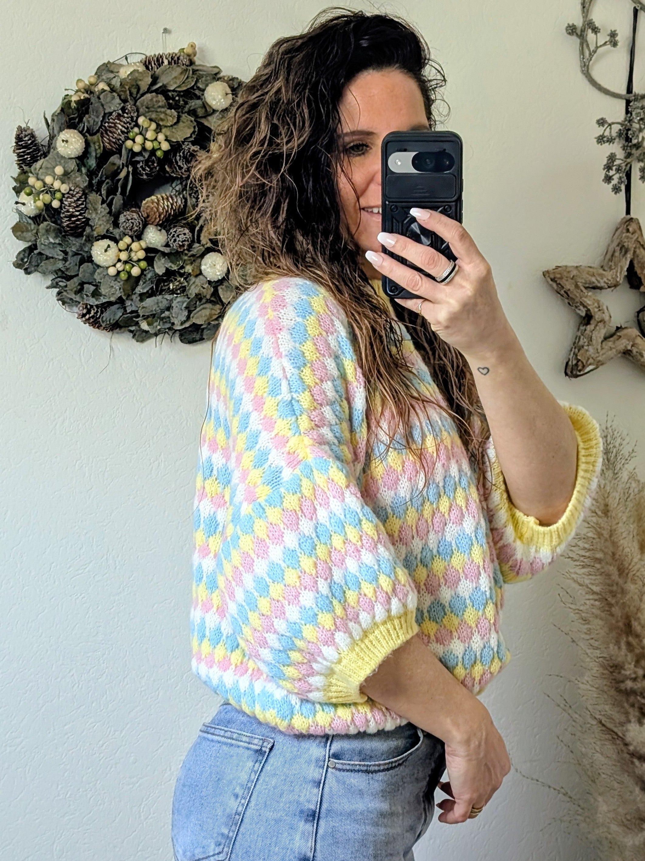 Pastel Roze Checkered Crochet Knit  "The Dreamy Sweater"