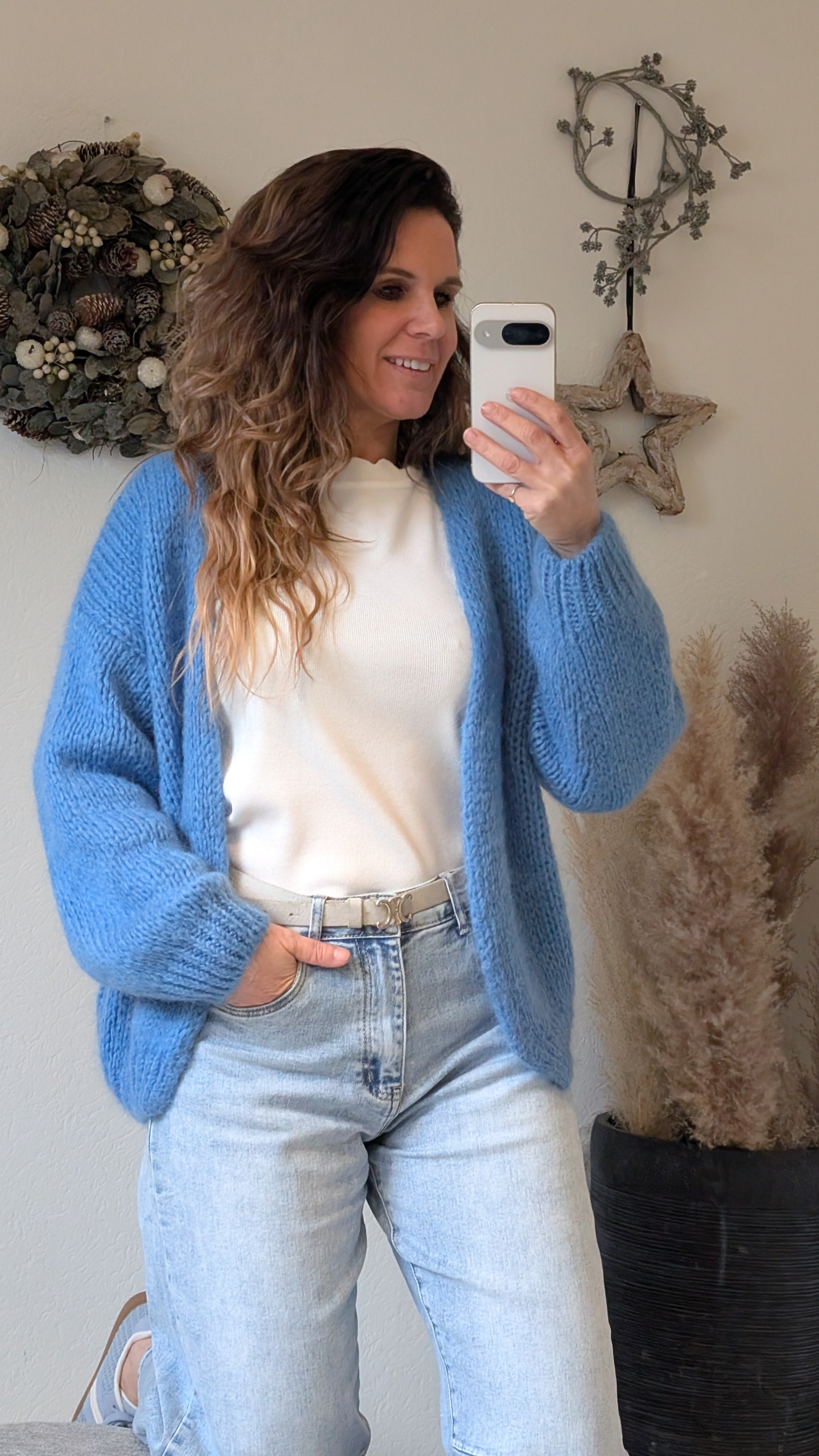 Blauw gebreid dames vest