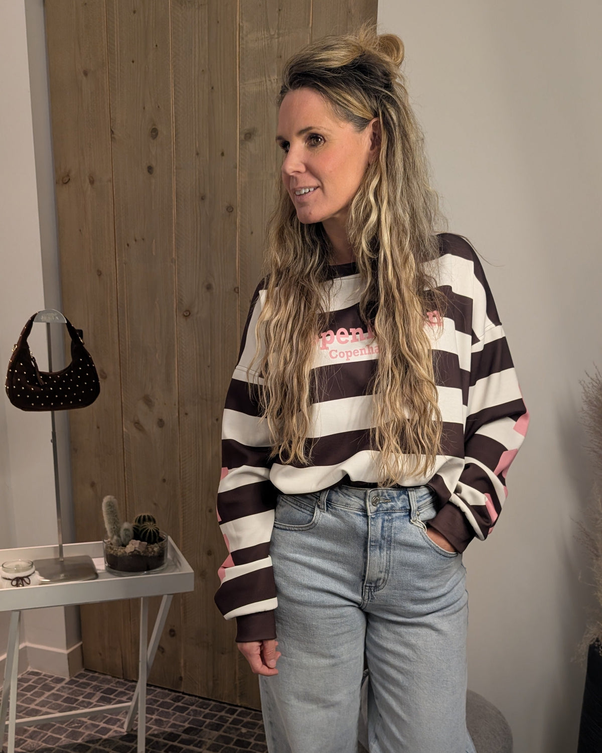 Oversized Gestreepte Sweater 'Copenhagen' – Donkerbruin, Wit & Roze