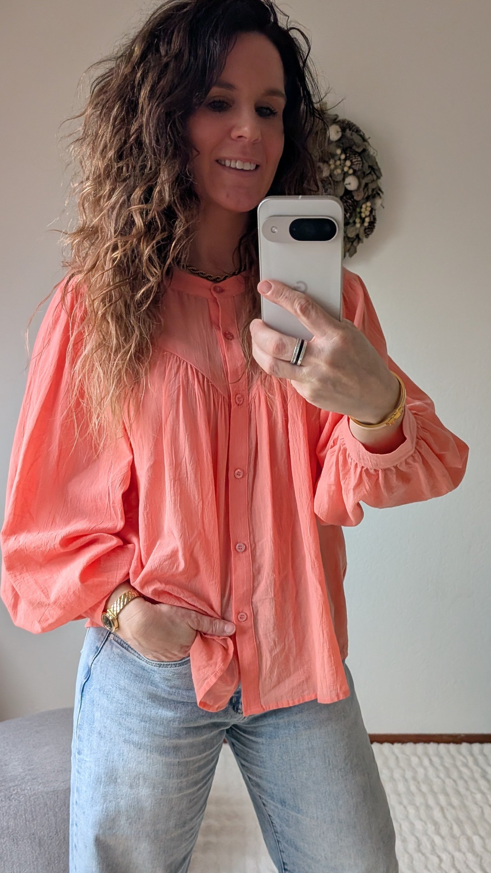 Kiki zalm kleurige dames blouse