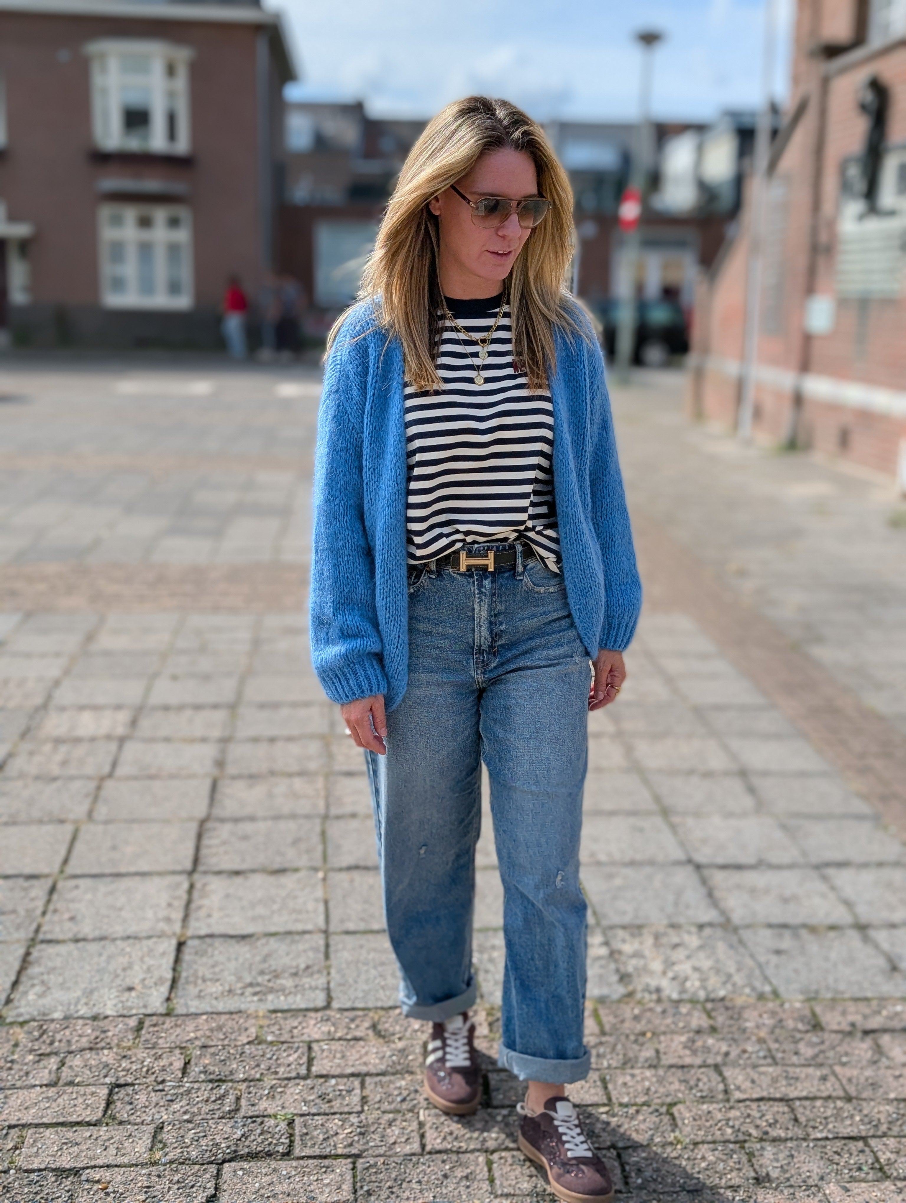 Blauw gebreid dames vest