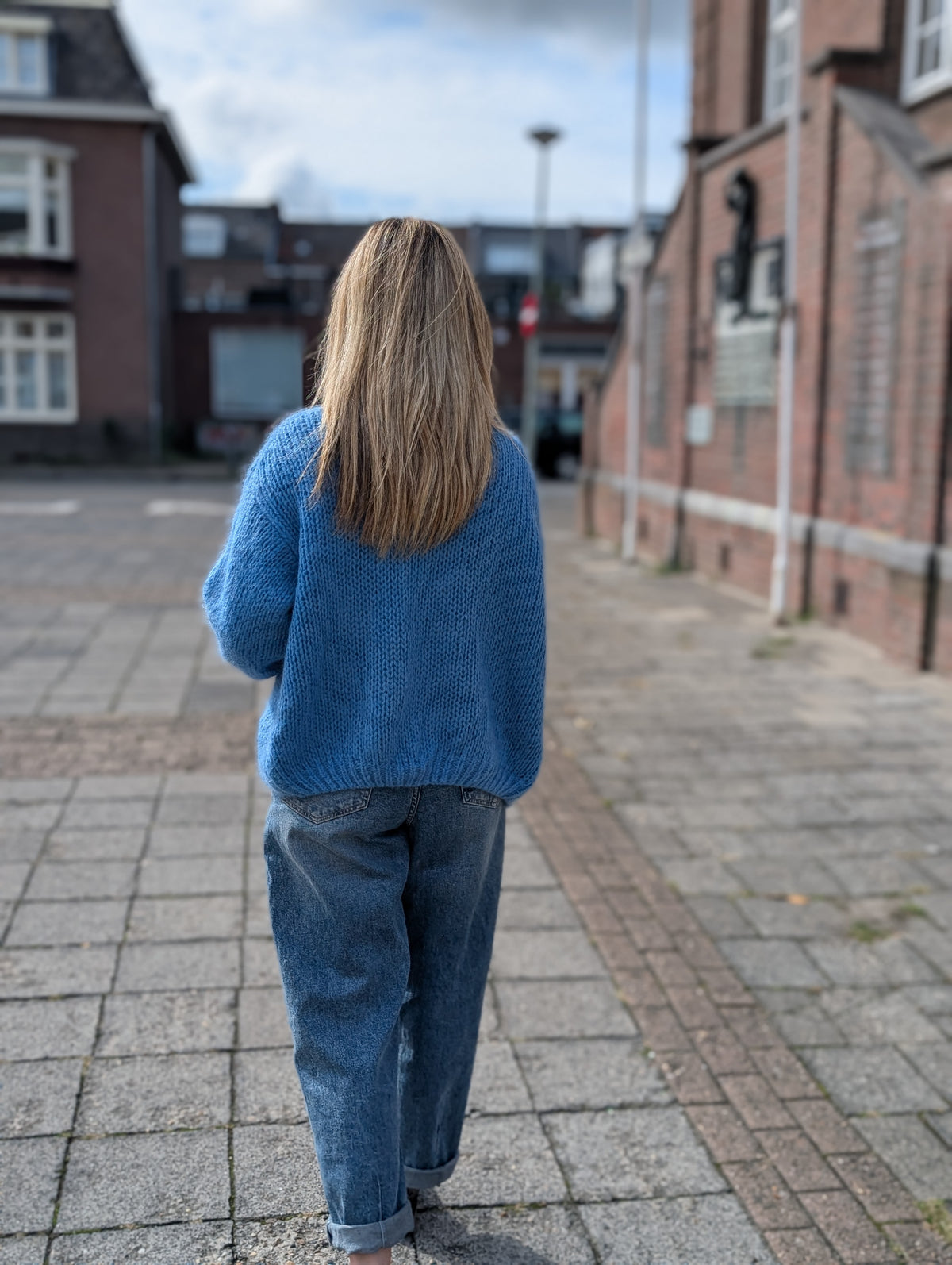 Blauw gebreid dames vest