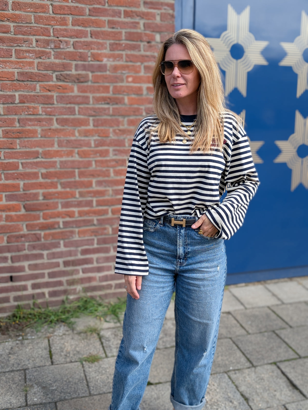 Oversized Gestreepte Longsleeve met 'New York City' Rugprint