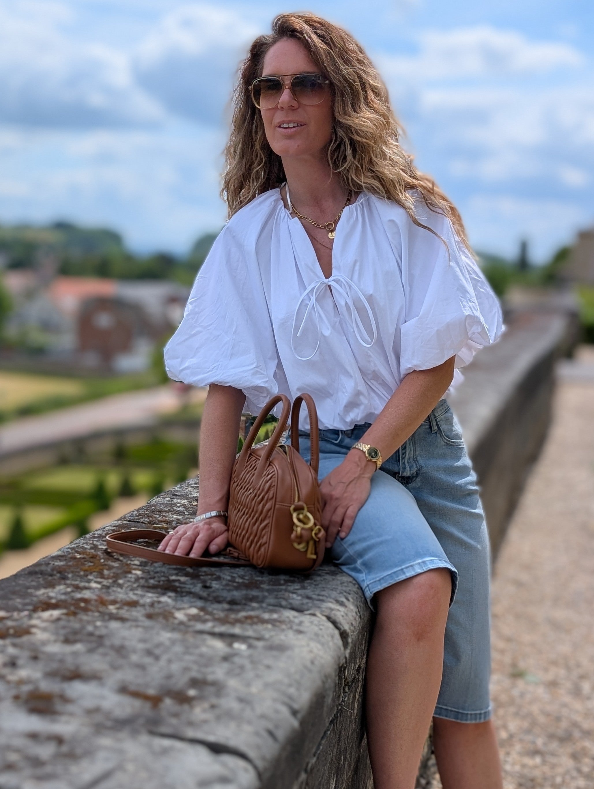 Witte ballon Crob - Top -  Blouse met pofmouwen en strikdetail