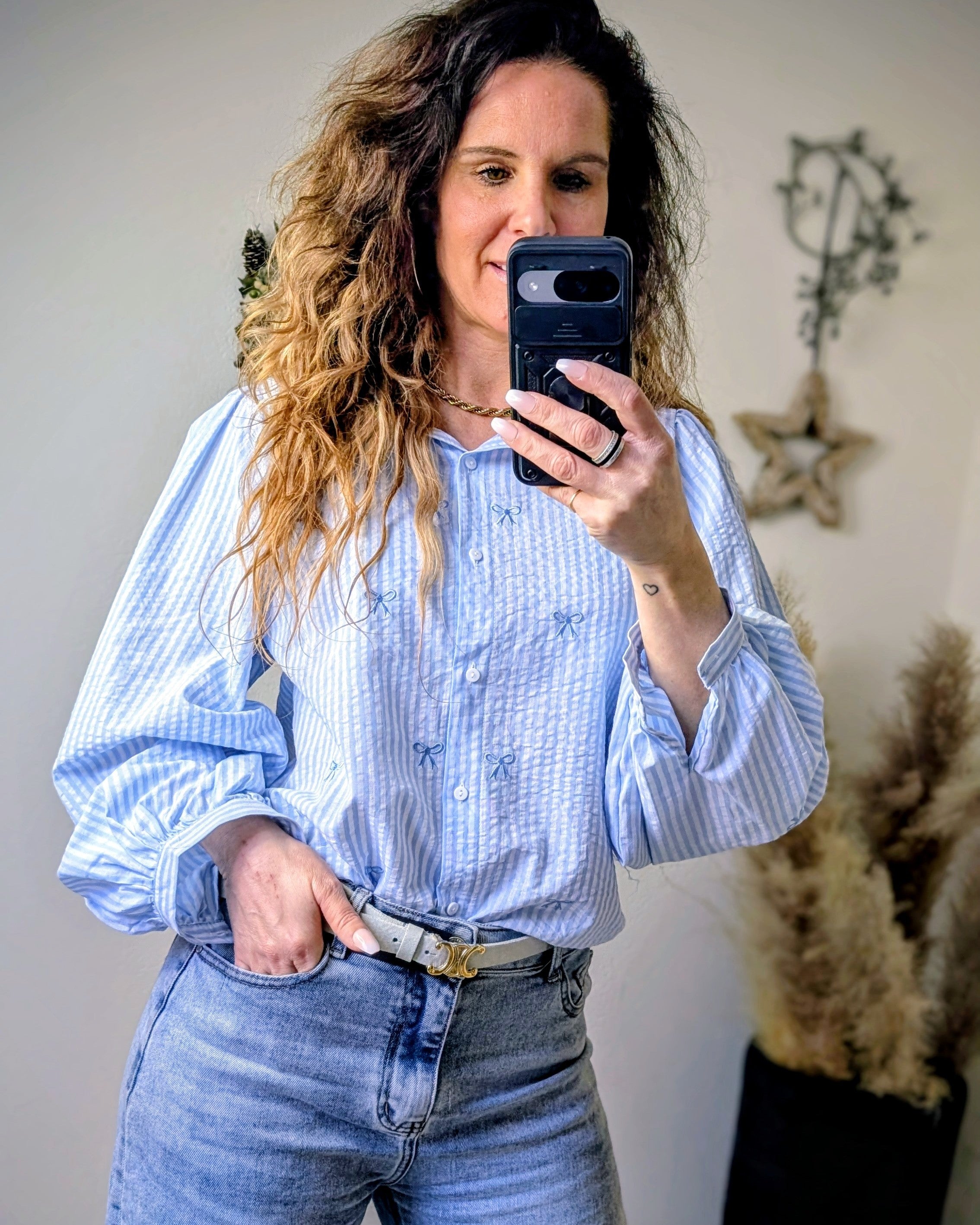 Lichtblauwe Gestreepte Blouse met strikdetail