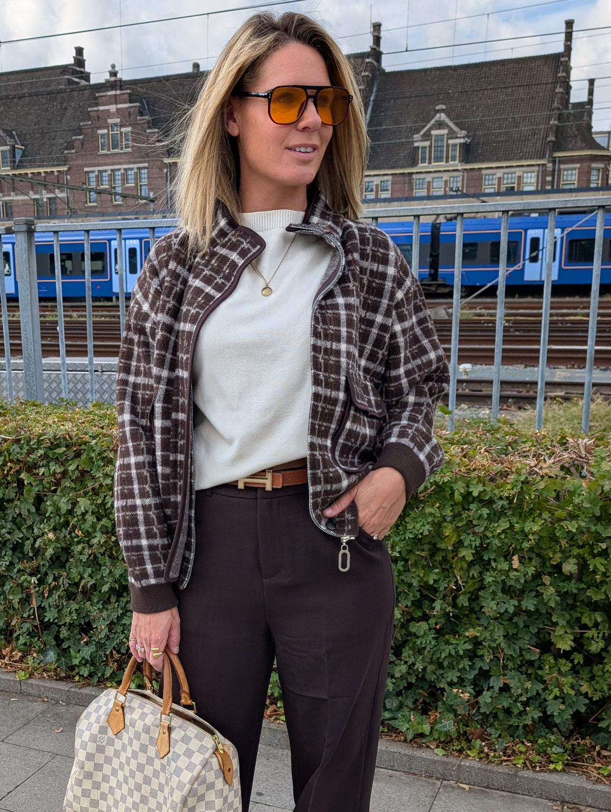 Oversized Gebreid Ritsvest met Ruitpatroon Chocoladebruin