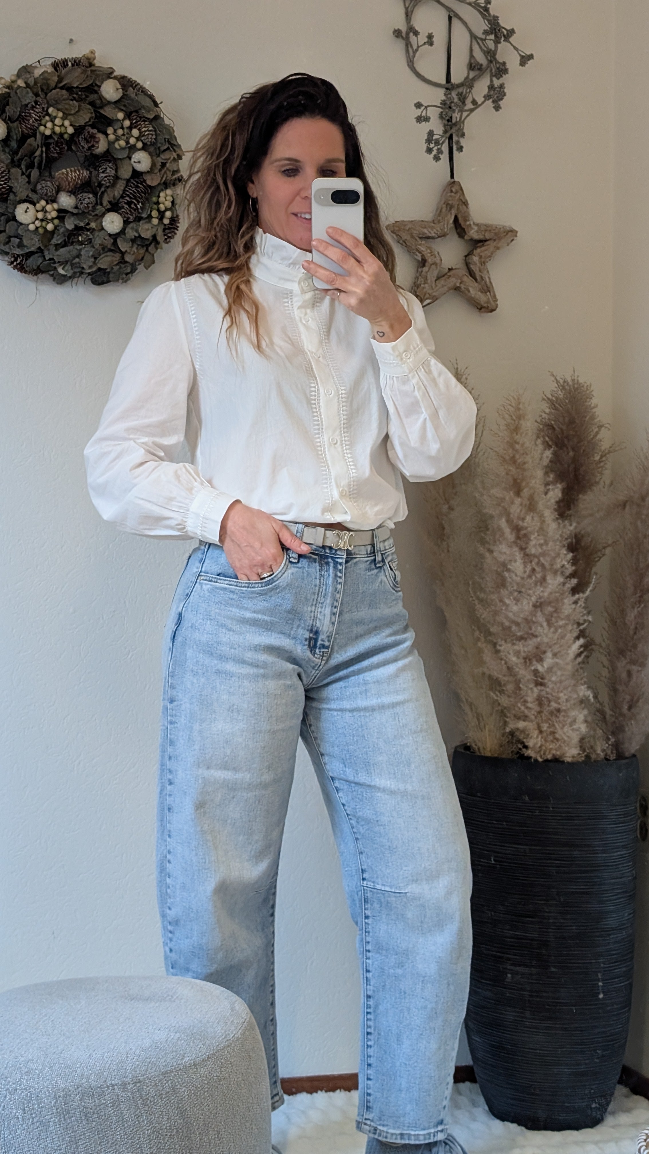 Witte Katoenen Dames BLouse met Ruches