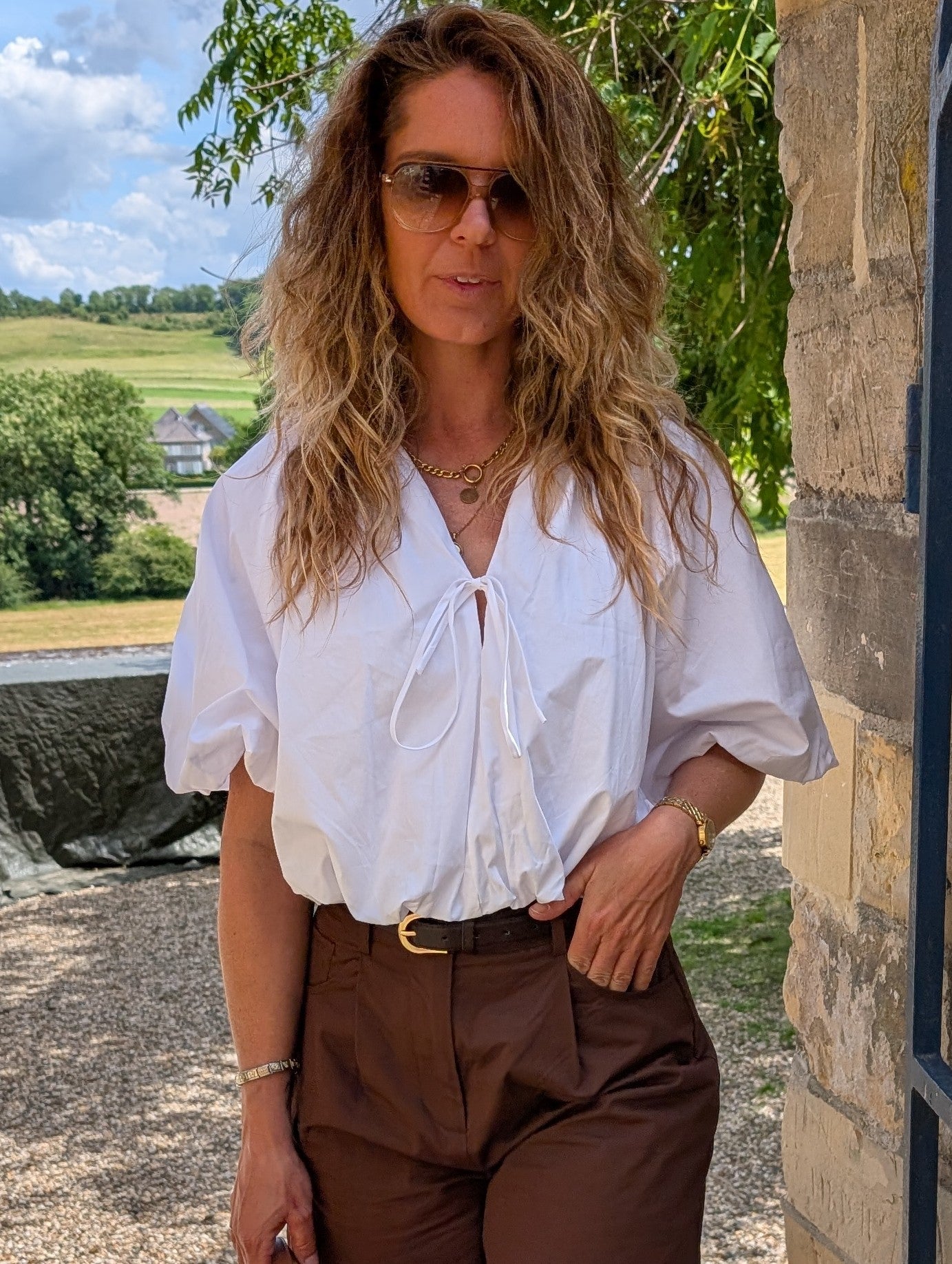 Witte ballon Crob - Top -  Blouse met pofmouwen en strikdetail