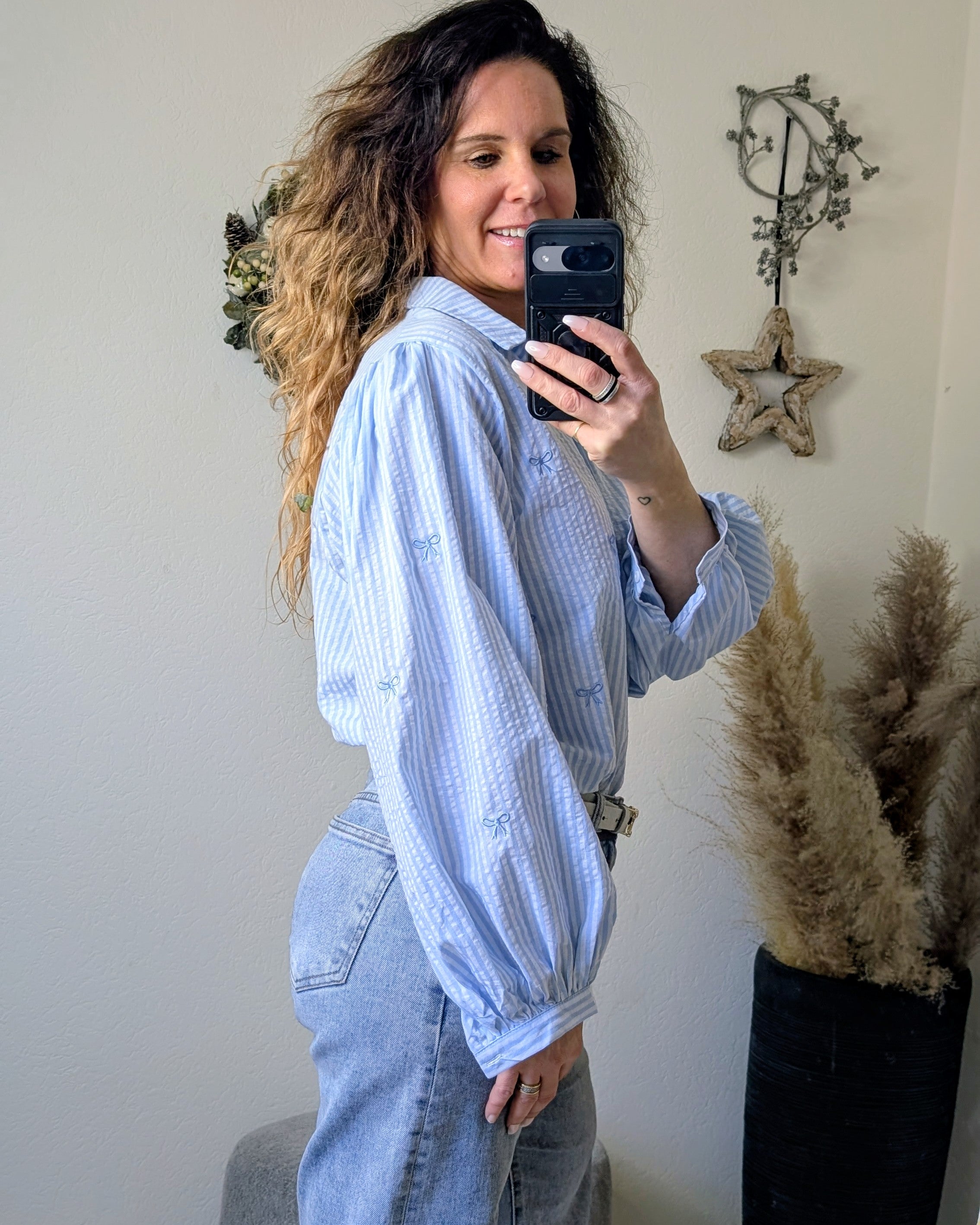 Lichtblauwe Gestreepte Blouse met strikdetail