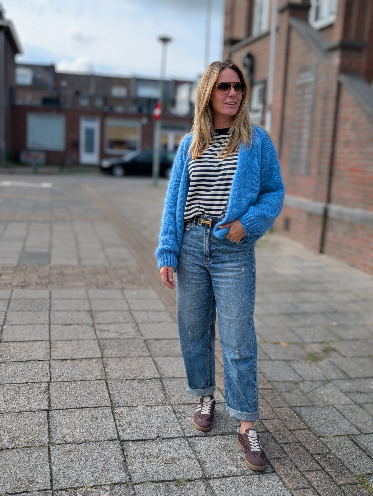 Blauw gebreid dames vest