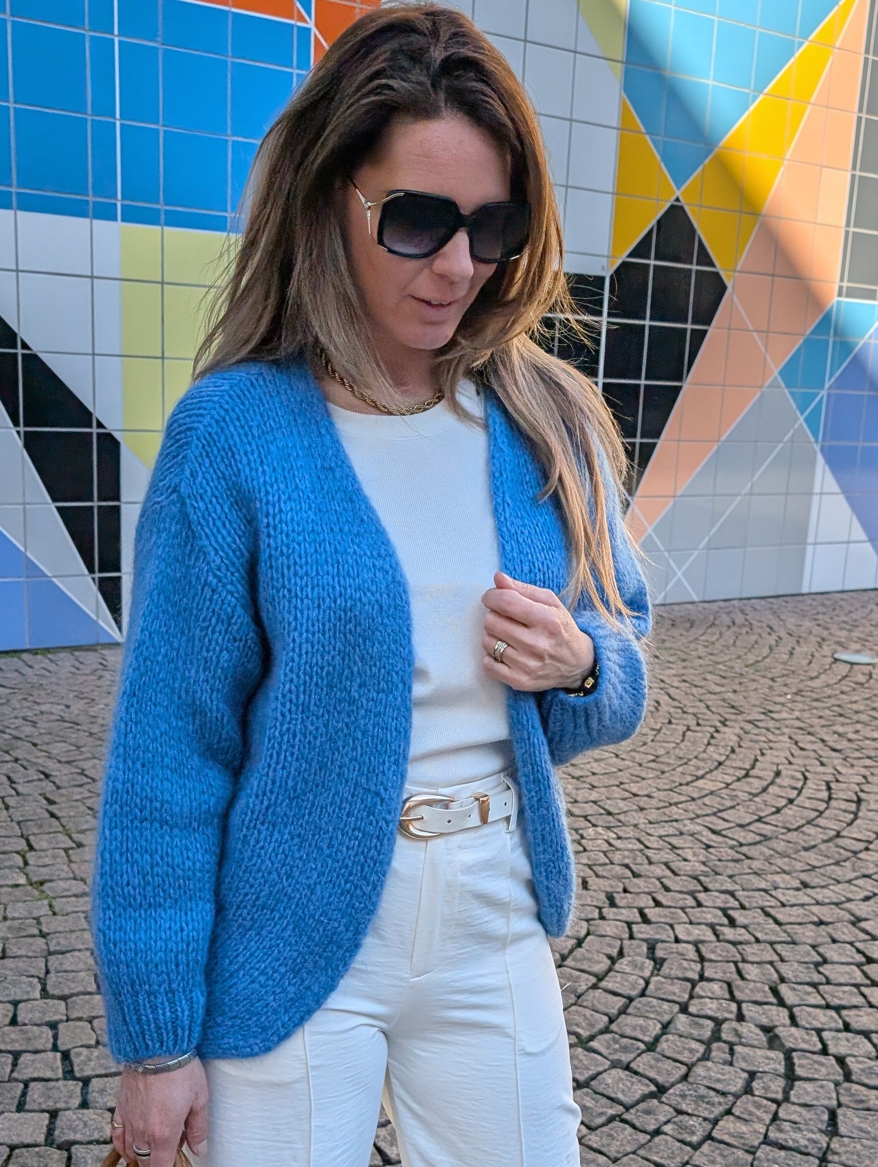 Blauw gebreid dames vest