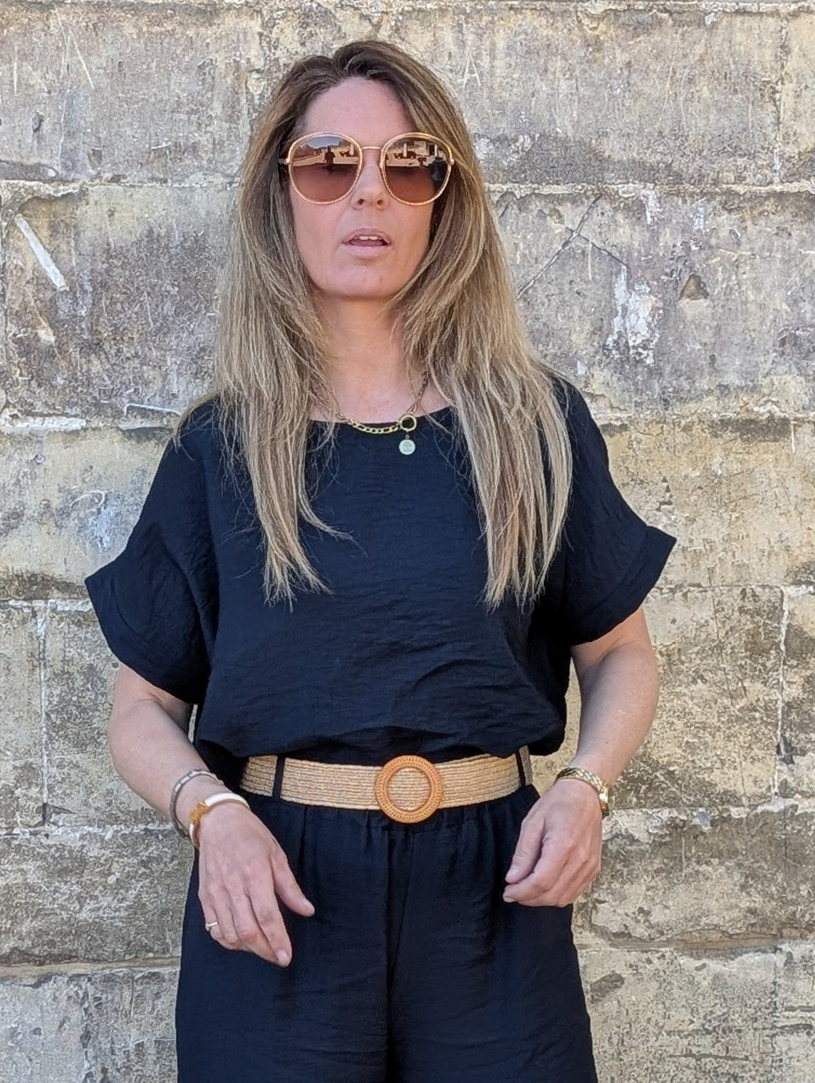 Elegante donker blauwe blouse Top  Satijn-look Korte Mouw